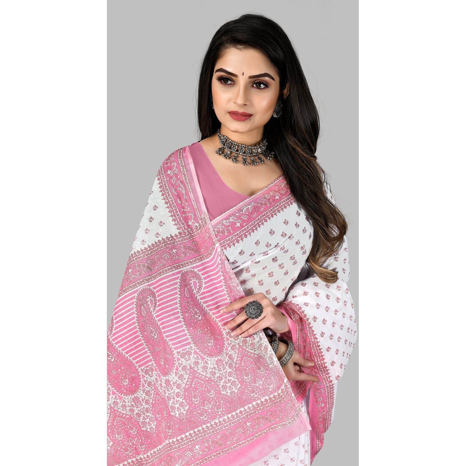 RATAN Pure Cotton Printed Mulmul Saree for Women without Blouse Piece (White-Pink)