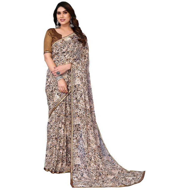 SIRIL Womens Animal Printed Chiffon Saree with Unstitched Blouse Piece (3296S572_Beige)