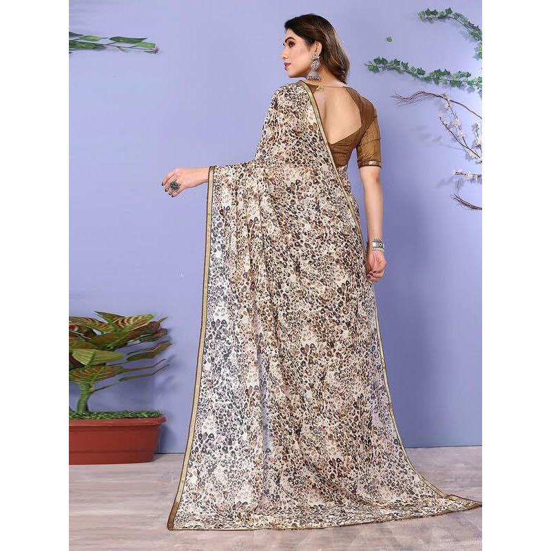 SIRIL Womens Animal Printed Chiffon Saree with Unstitched Blouse Piece (3296S572_Beige)