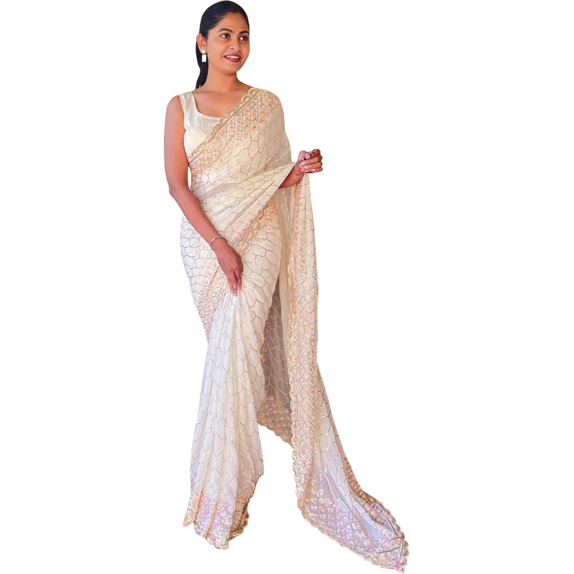 AKHILAM Womens Georgette Off White Embellished Designer Saree With Unstitched Blouse Piece (KESARI1801_KR)