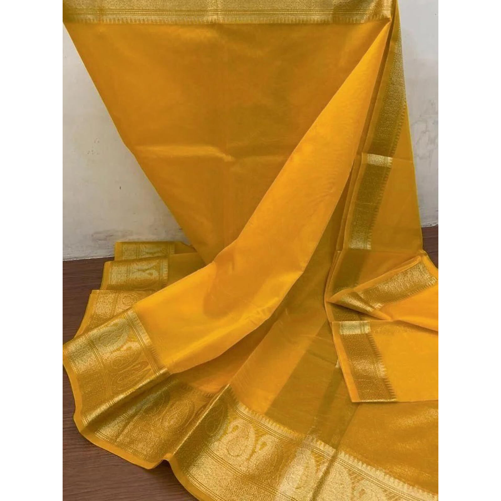 SIRIL Womens Zari Patta Organza Saree with Unstitched Blouse Piece (3276S252_Turmeric Yellow)