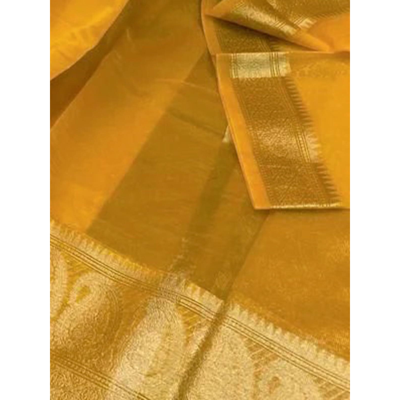 SIRIL Womens Zari Patta Organza Saree with Unstitched Blouse Piece (3276S252_Turmeric Yellow)