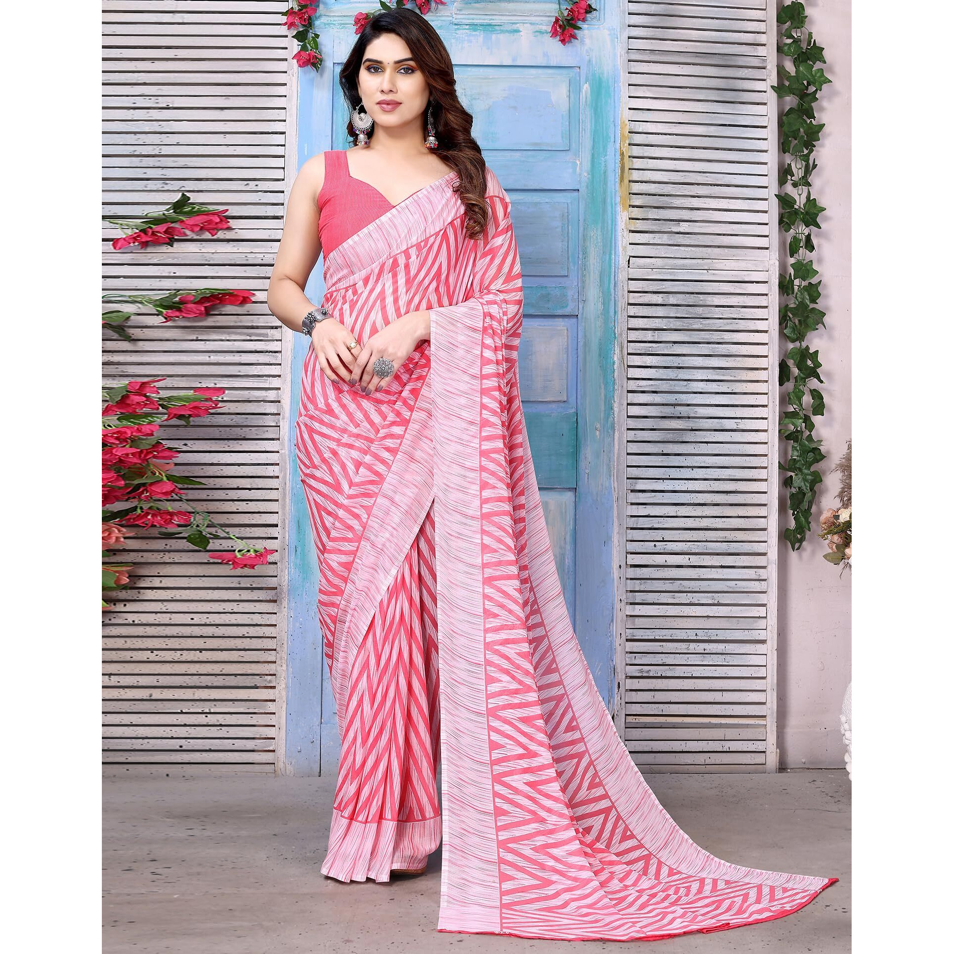 SIRIL Polyester Womens Geoegette Geometric Printed Saree With Unstitched Blouse Piece (3201S2294A_Pink)