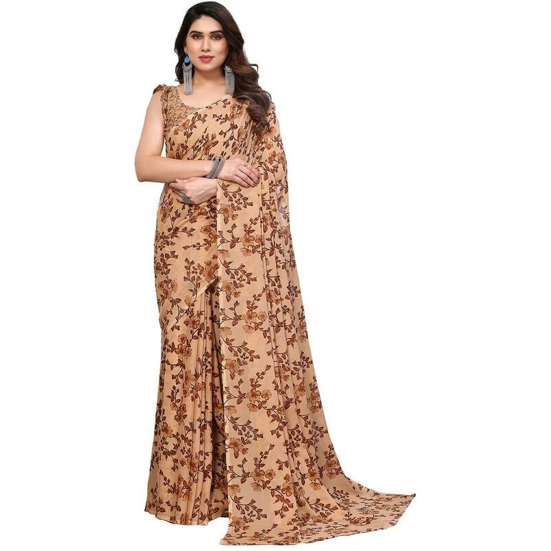 SAMAH Womens Georgette Floral Printed Saree with Unstitched Blouse Piece (3289S122N_Brown)