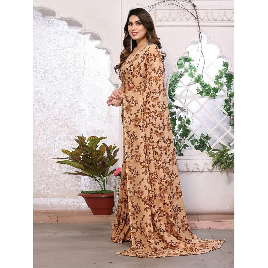 SAMAH Womens Georgette Floral Printed Saree with Unstitched Blouse Piece (3289S122N_Brown)