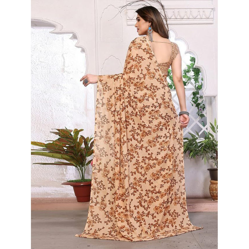 SAMAH Womens Georgette Floral Printed Saree with Unstitched Blouse Piece (3289S122N_Brown)