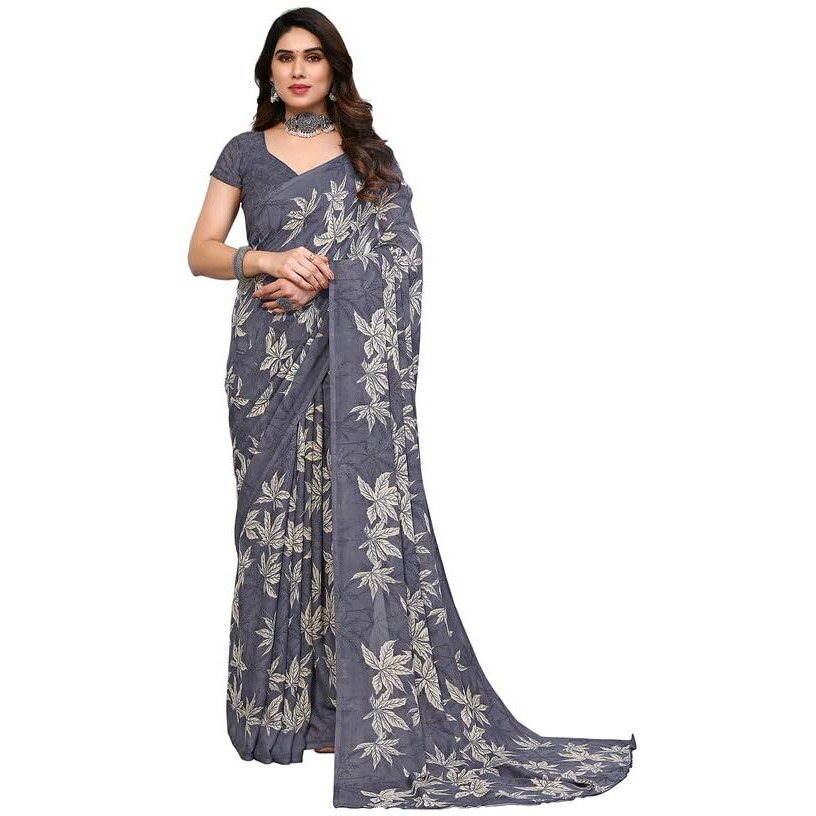 SAMAH Womens Georgette Floral Printed Saree with Unstitched Blouse Piece (3290S136N_Grey)