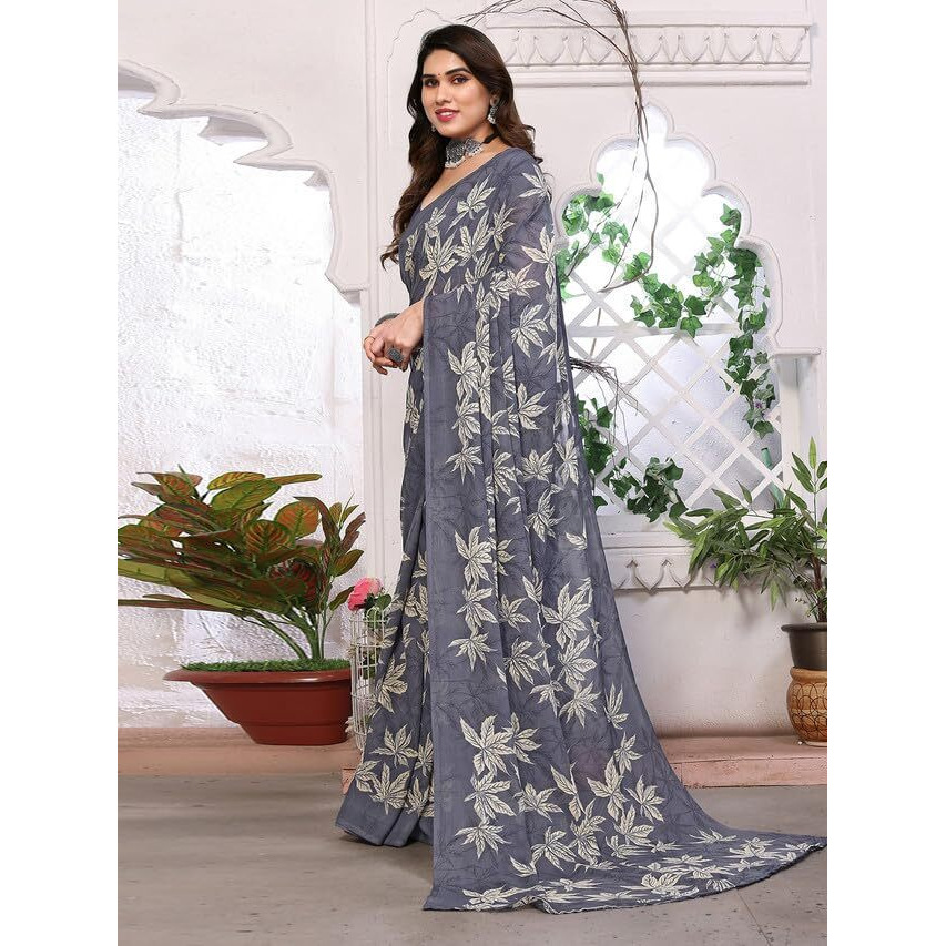 SAMAH Womens Georgette Floral Printed Saree with Unstitched Blouse Piece (3290S136N_Grey)