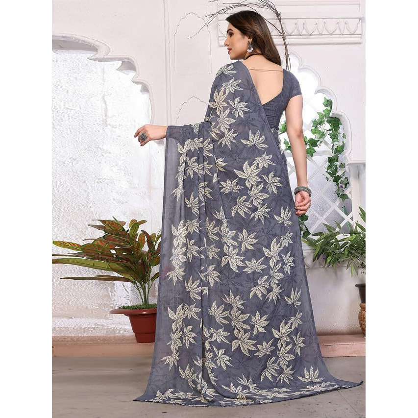 SAMAH Womens Georgette Floral Printed Saree with Unstitched Blouse Piece (3290S136N_Grey)