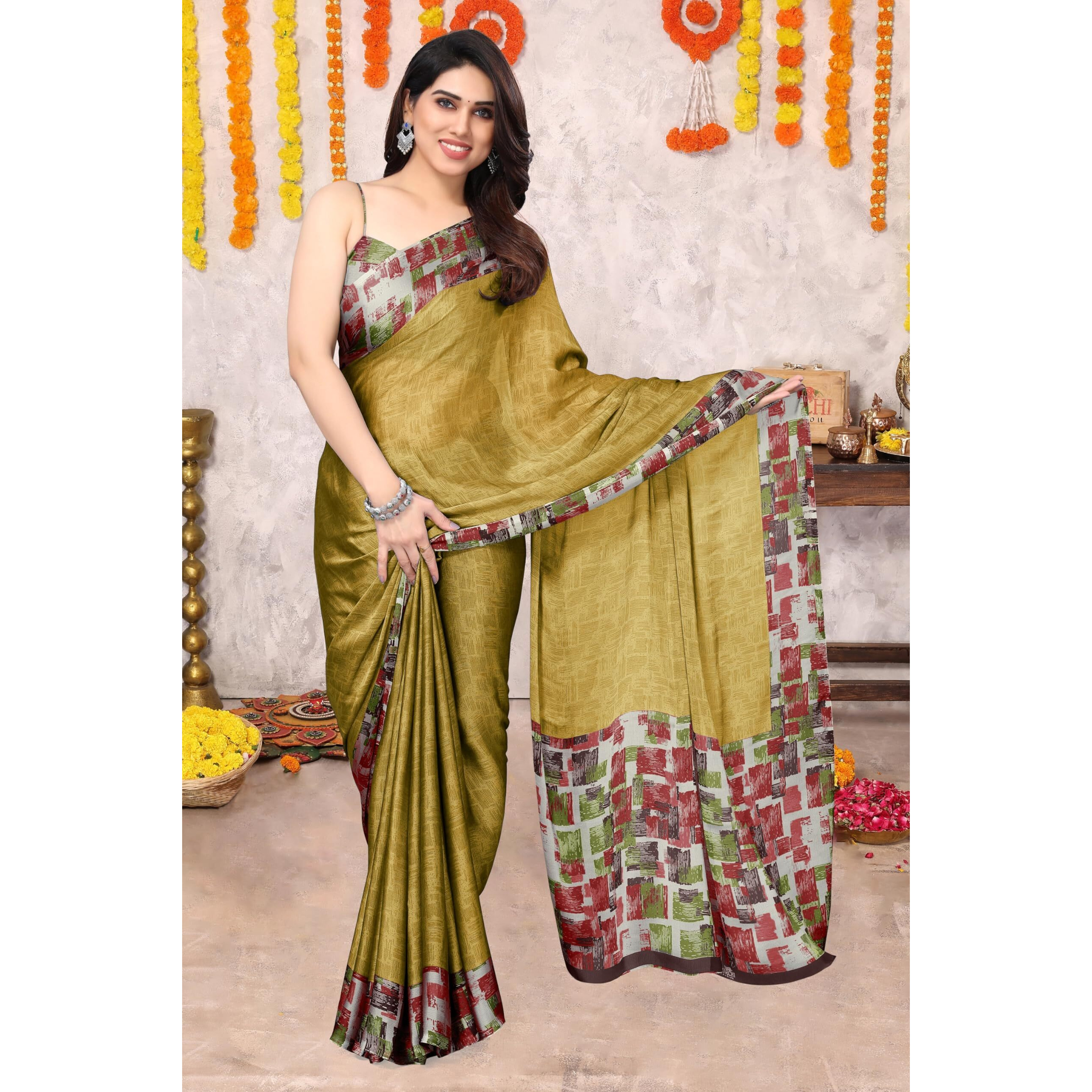 SOURBH Womens Plain Weave Chiffon Texture Border Printed Saree with Blouse Piece (29863-Mustard, Pink)