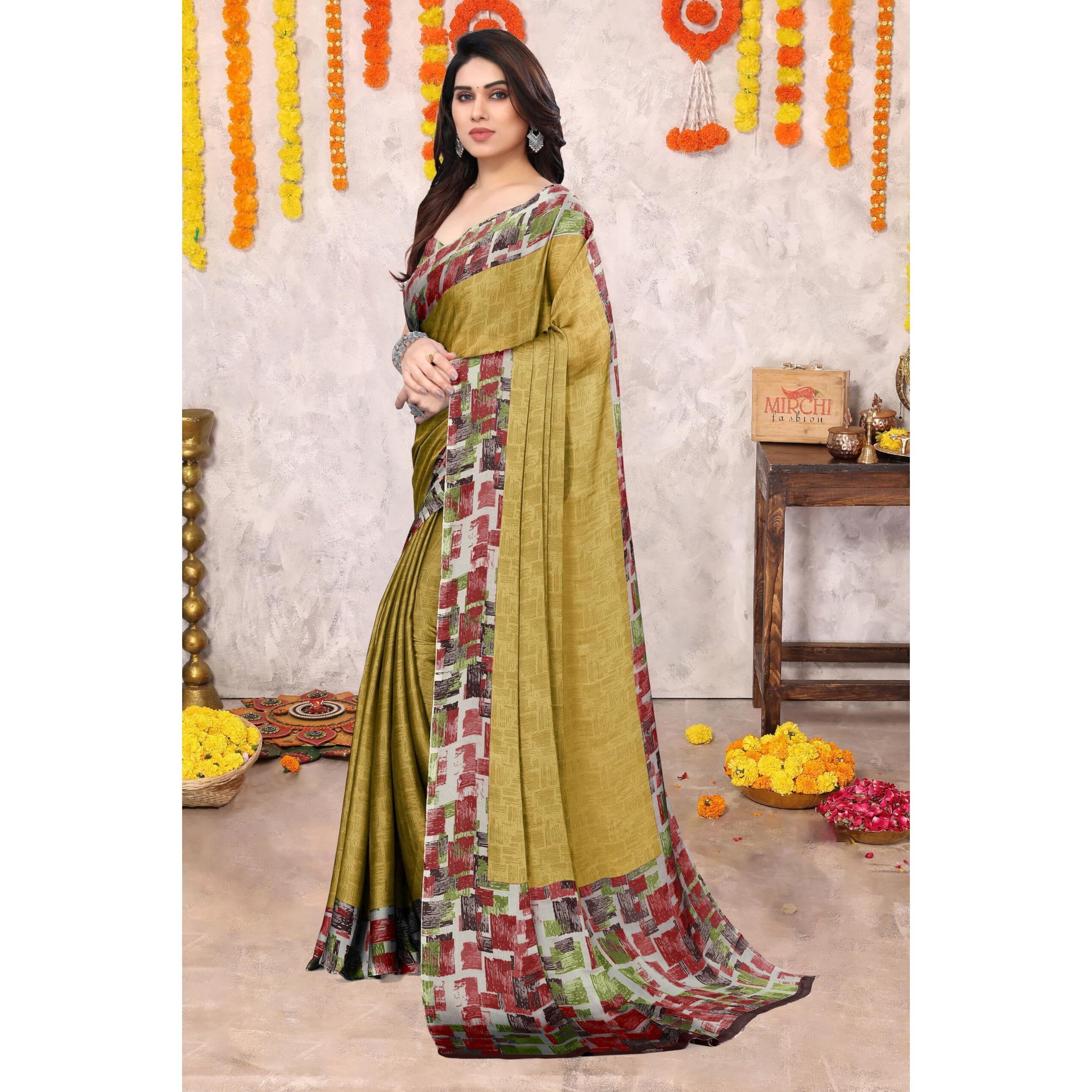 SOURBH Womens Plain Weave Chiffon Texture Border Printed Saree with Blouse Piece (29863-Mustard, Pink)