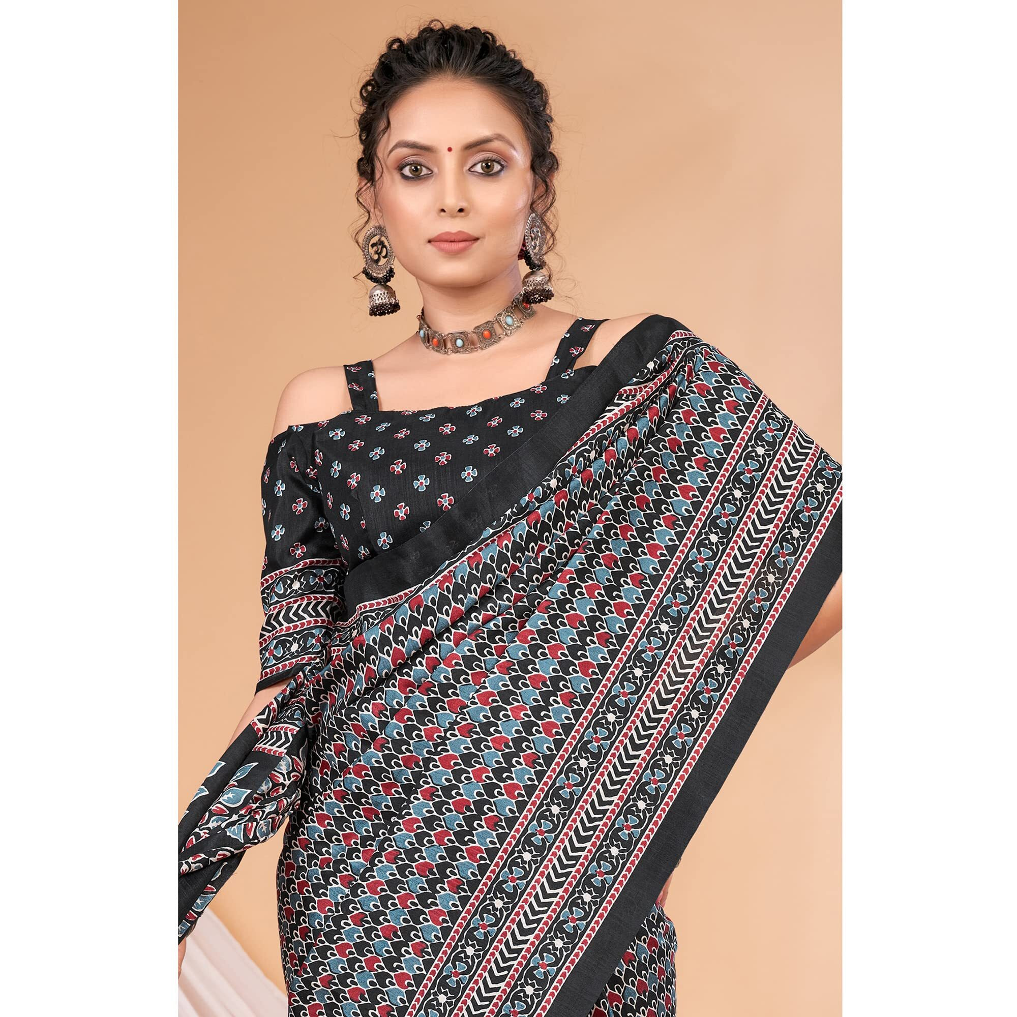 AKHILAM Womens Ajrak Block Print Dola Silk Saree With Unstitched Blouse Piece (Black_KUMRN208_HS)