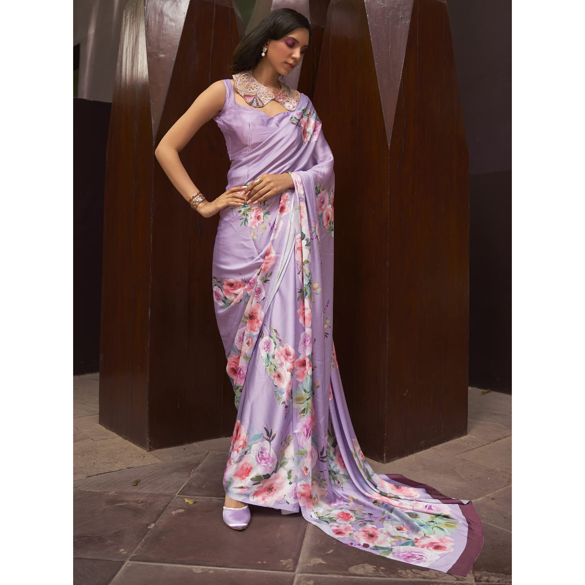 AKHILAM Womens Satin Silk Digital Print Saree With Unstitched Blouse Piece (Lavendar_Kudos260003_Rj), Lavender