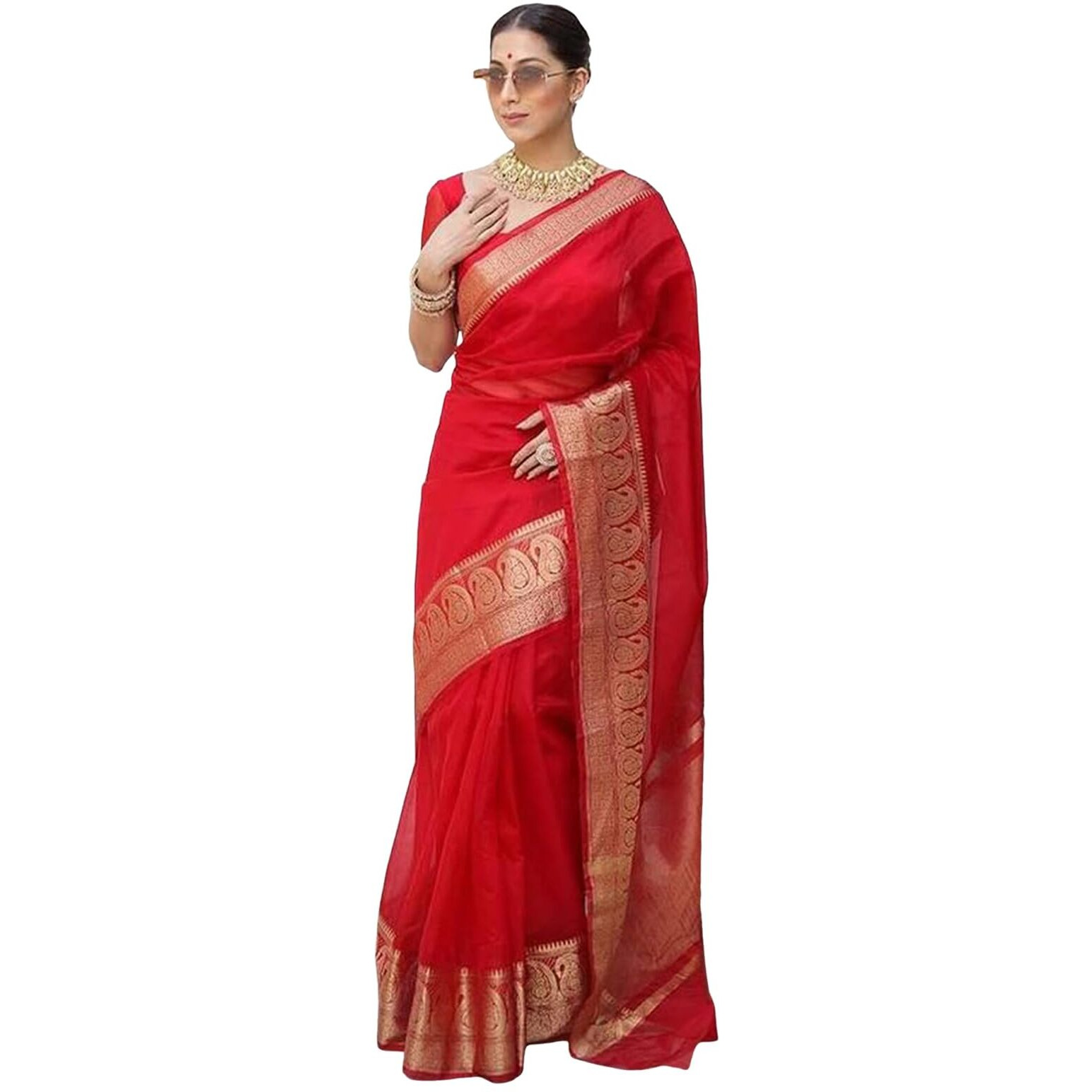 SIRIL Womens Zari Patta Organza Saree with Unstitched Blouse Piece (3276S251_Red)