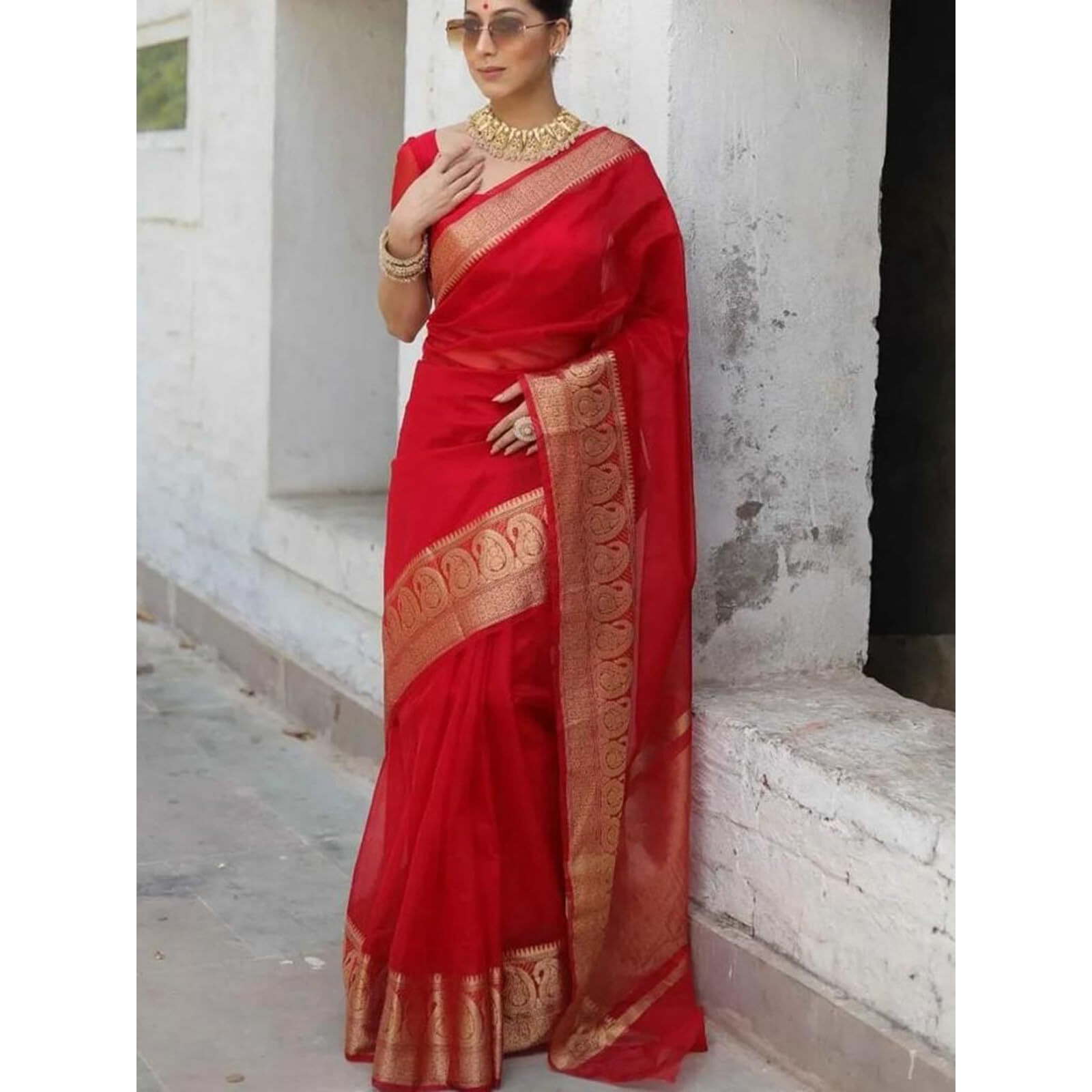 SIRIL Womens Zari Patta Organza Saree with Unstitched Blouse Piece (3276S251_Red)