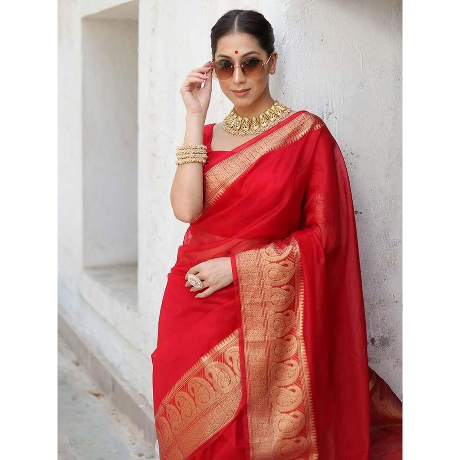 SIRIL Womens Zari Patta Organza Saree with Unstitched Blouse Piece (3276S251_Red)