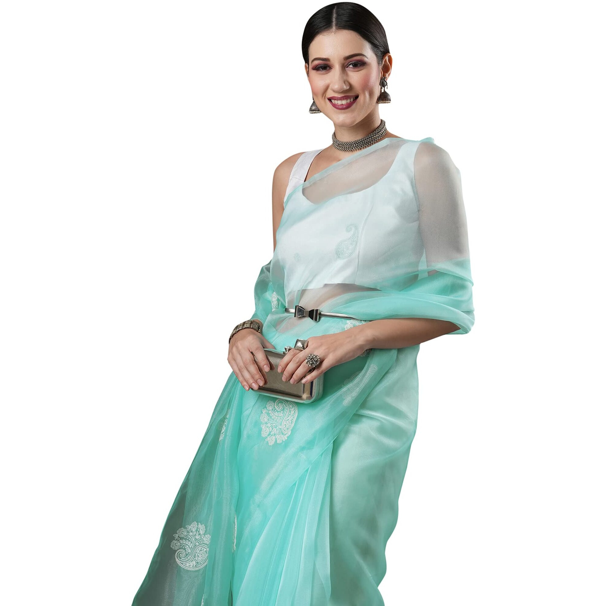 AKHILAM Womens Turquoise Organza Bagh Saree With Unstitched Blouse Piece (4KAVI403)