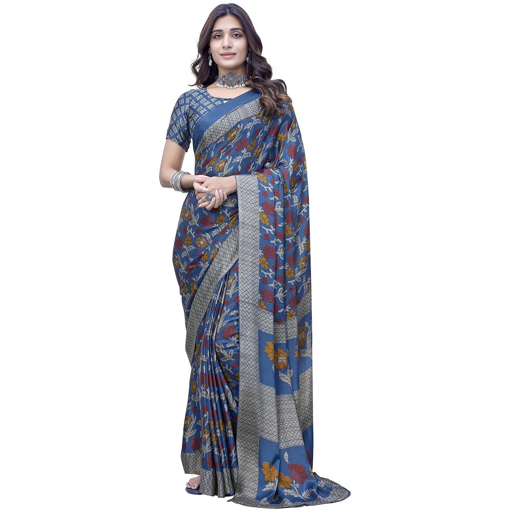 Yashika Elegant Chiffon Saree Set with Blouse - Embrace Trendy Style Perfectly crafted for modern women (AZ-YS-P1-NEELA BLUE)