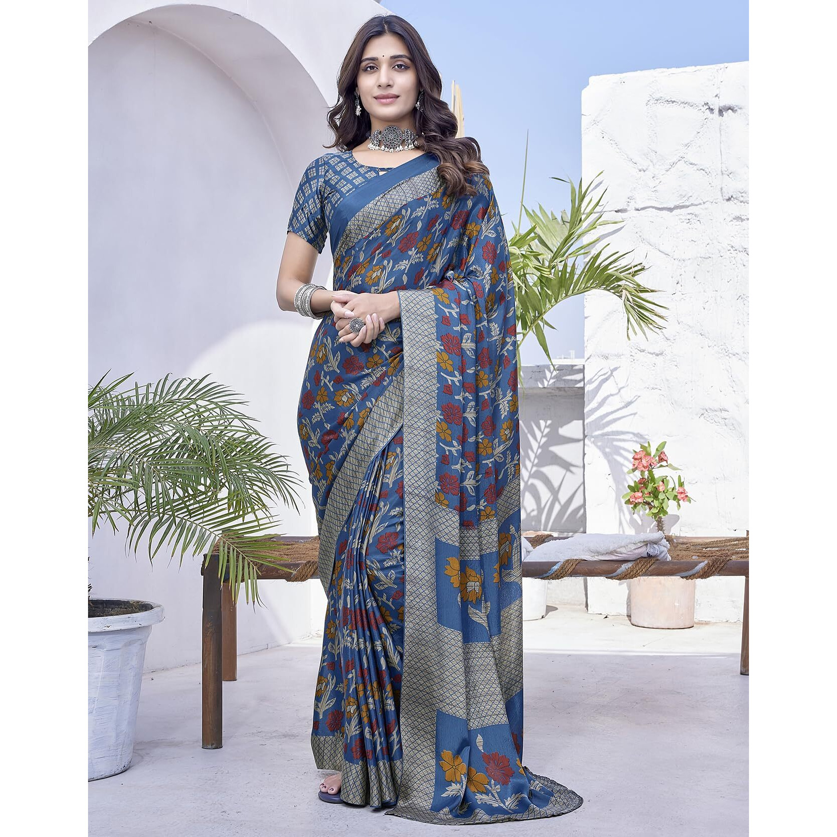 Yashika Elegant Chiffon Saree Set with Blouse - Embrace Trendy Style Perfectly crafted for modern women (AZ-YS-P1-NEELA BLUE)