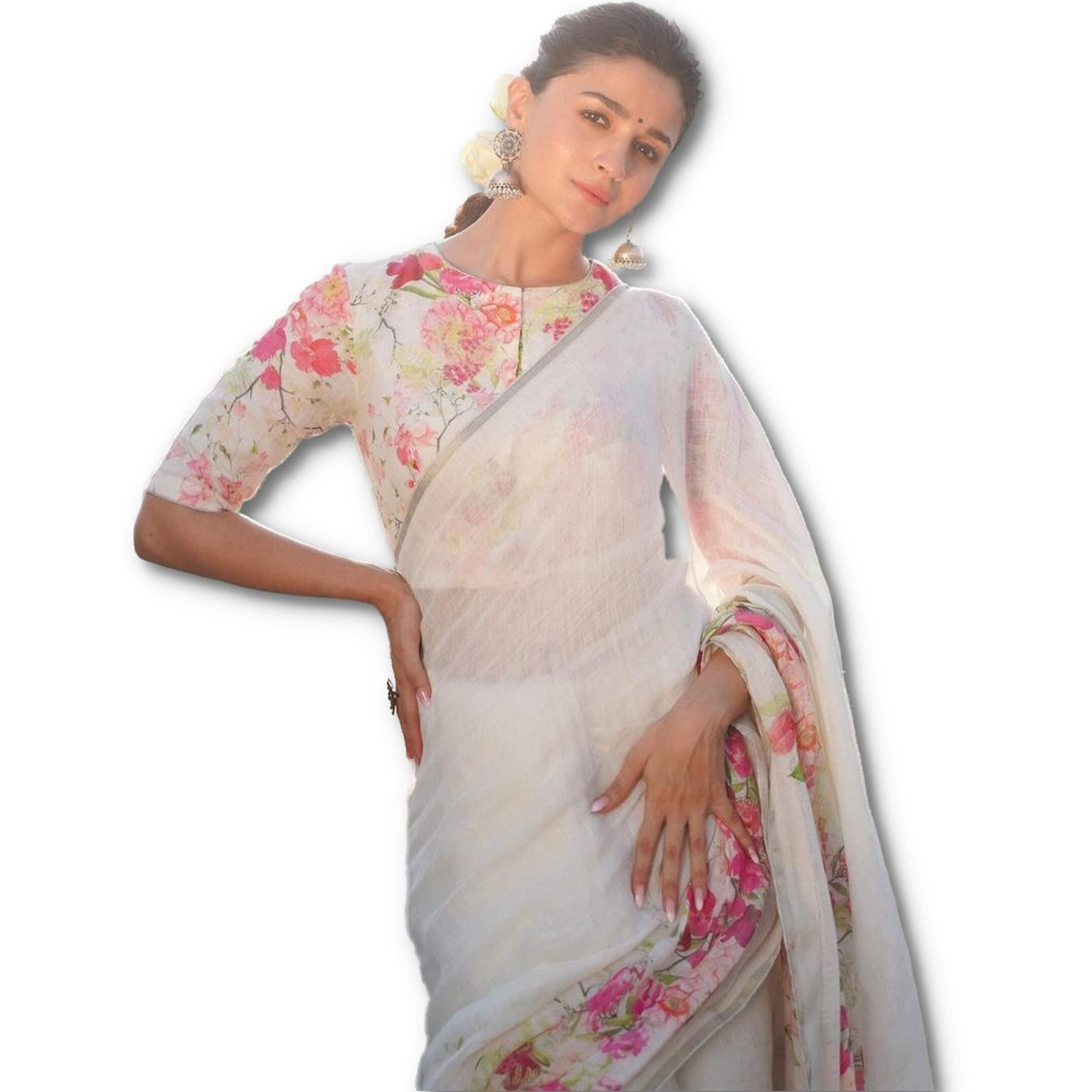 Sidhidata Textile Womens Digital Floral Printed Pure Cotton Linen Saree With Unstitched Blouse Piece (Alia White_White_Free Size)