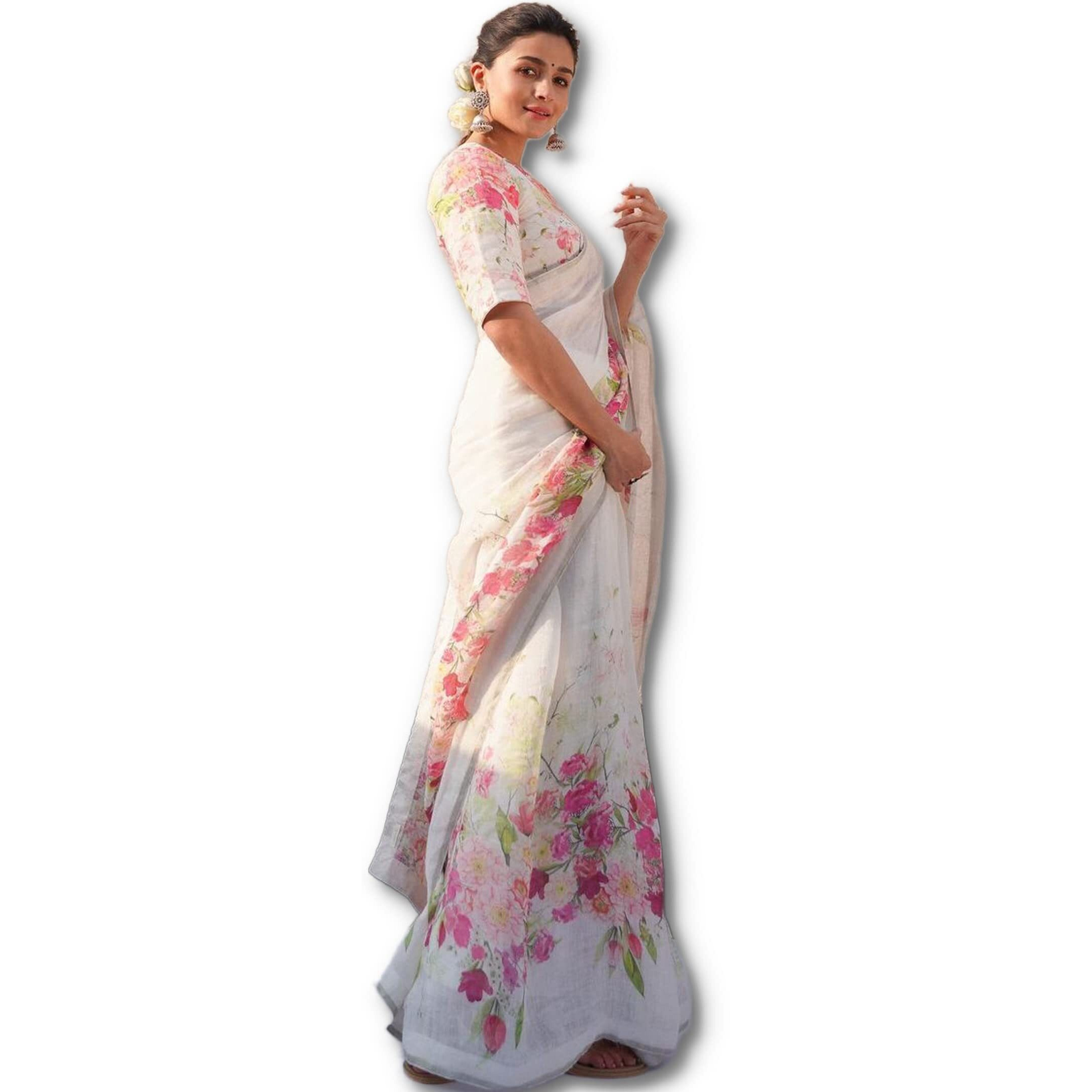 Sidhidata Textile Womens Digital Floral Printed Pure Cotton Linen Saree With Unstitched Blouse Piece (Alia White_White_Free Size)