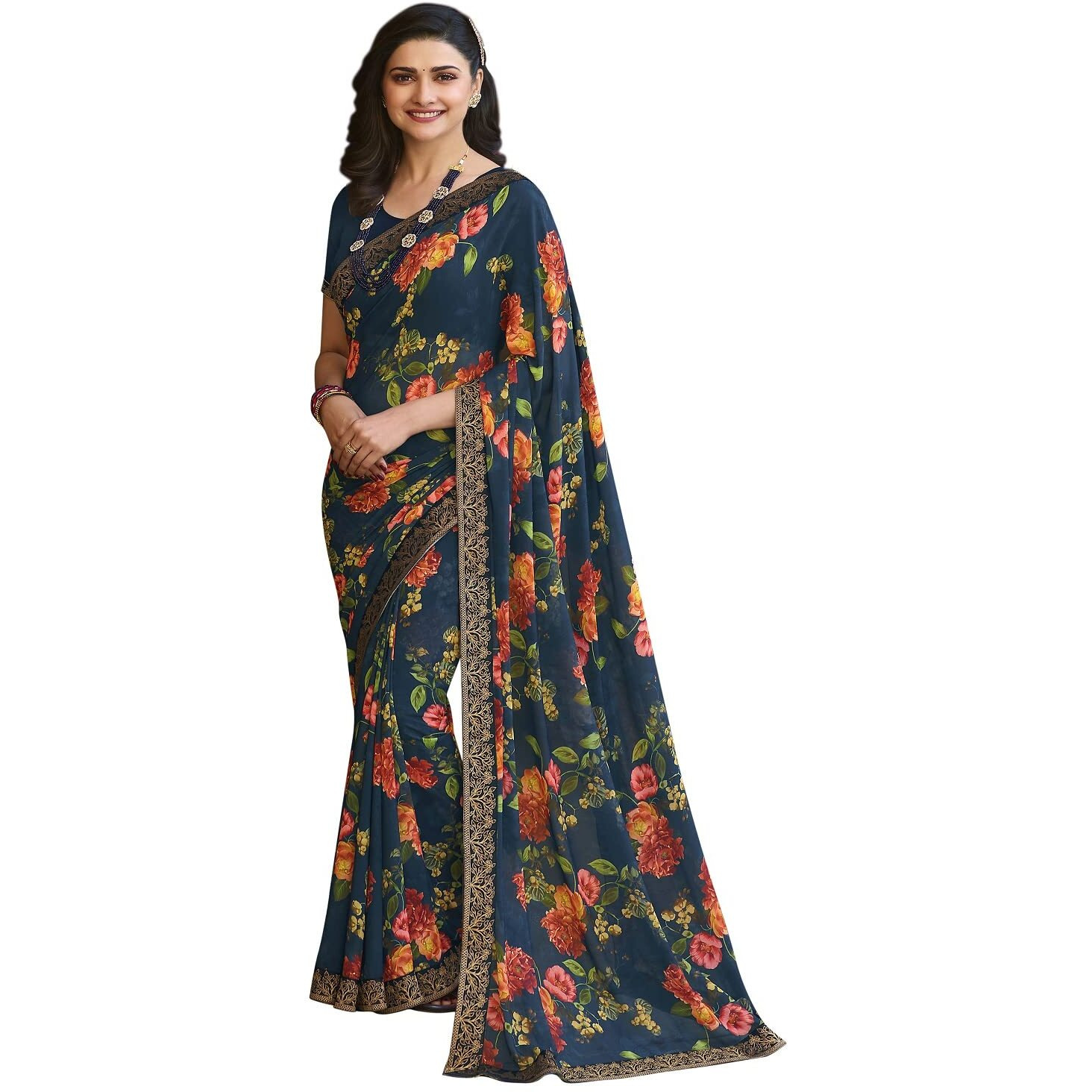 RAJESHWAR FASHION WITH RF Womens Georgette Floral Printed Sarees For Women Jacquard Lace Border SareeWith Blouse(A49 Blue Orange_Multicolored_Free Size 6.30 Mtr)