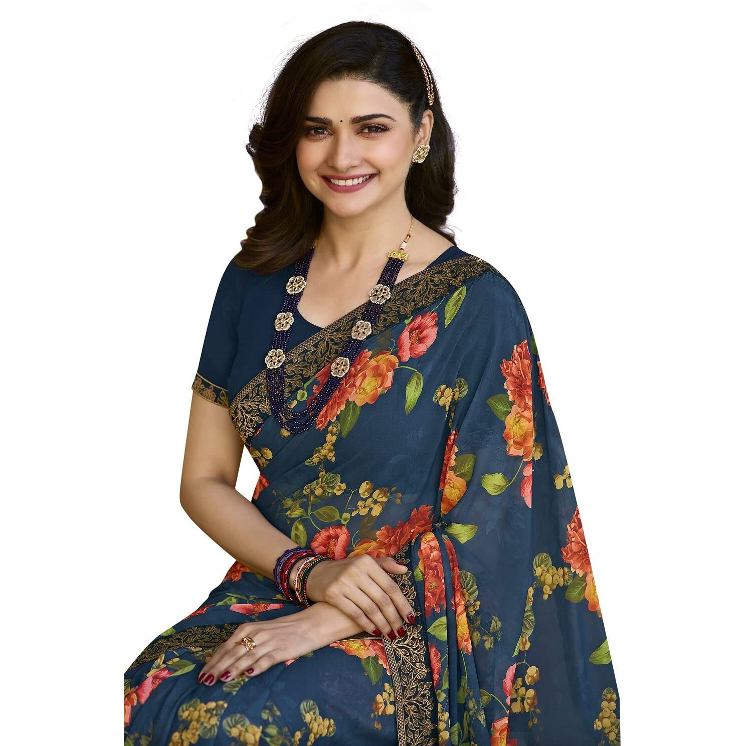 RAJESHWAR FASHION WITH RF Womens Georgette Floral Printed Sarees For Women Jacquard Lace Border SareeWith Blouse(A49 Blue Orange_Multicolored_Free Size 6.30 Mtr)