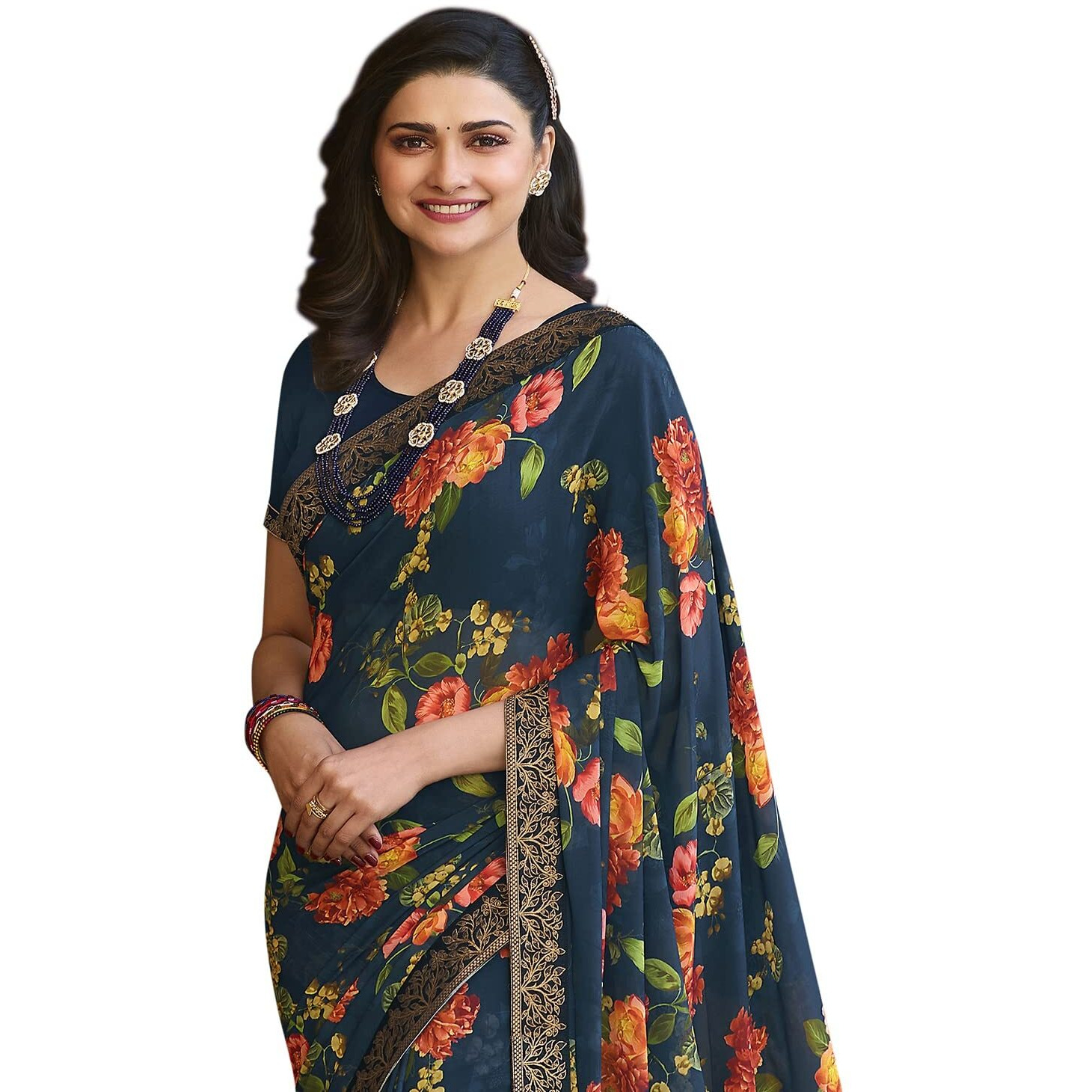 RAJESHWAR FASHION WITH RF Womens Georgette Floral Printed Sarees For Women Jacquard Lace Border SareeWith Blouse(A49 Blue Orange_Multicolored_Free Size 6.30 Mtr)