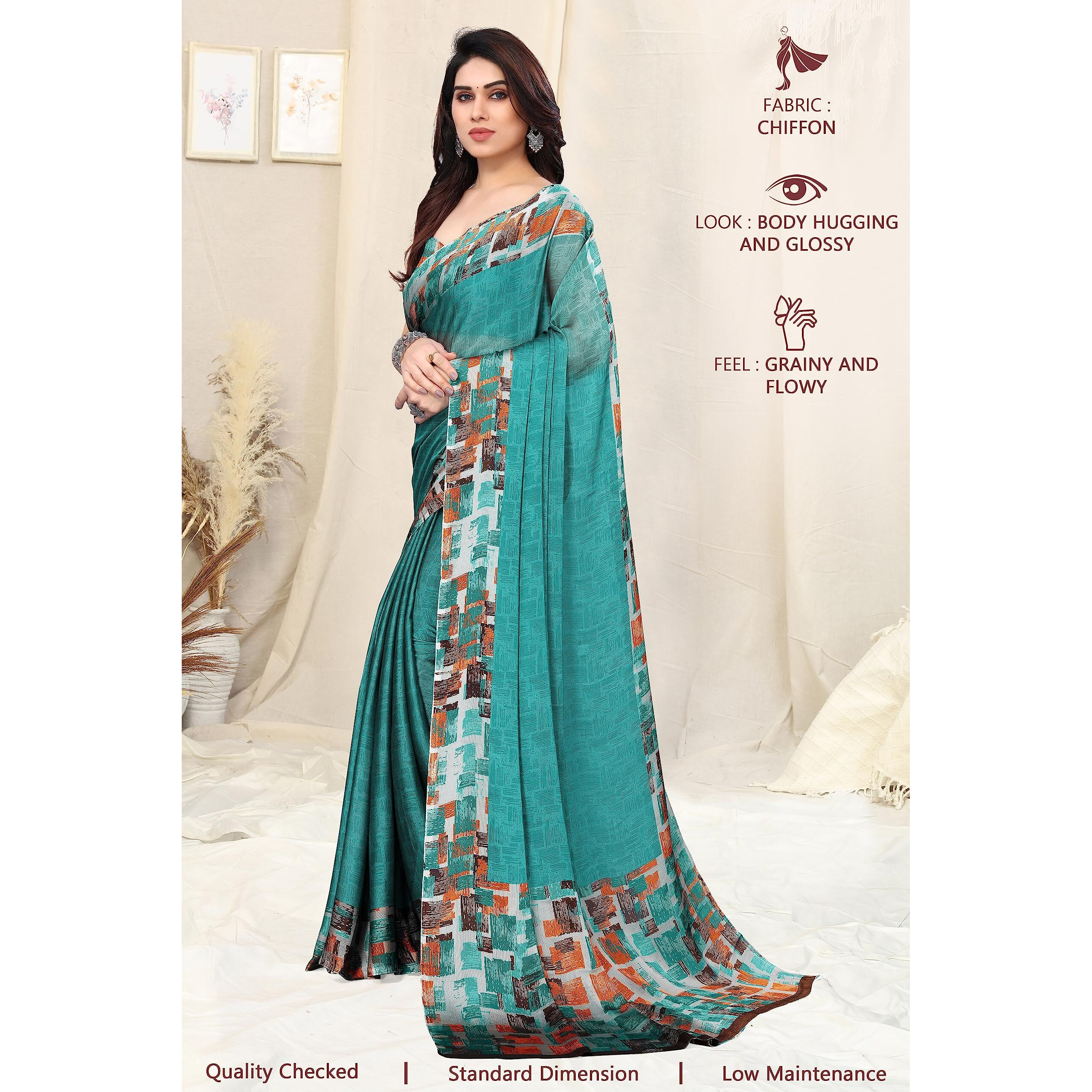 SOURBH Womens Plain Weave Chiffon Texture Border Printed Saree with Blouse Piece (29865-Teal, Grey)