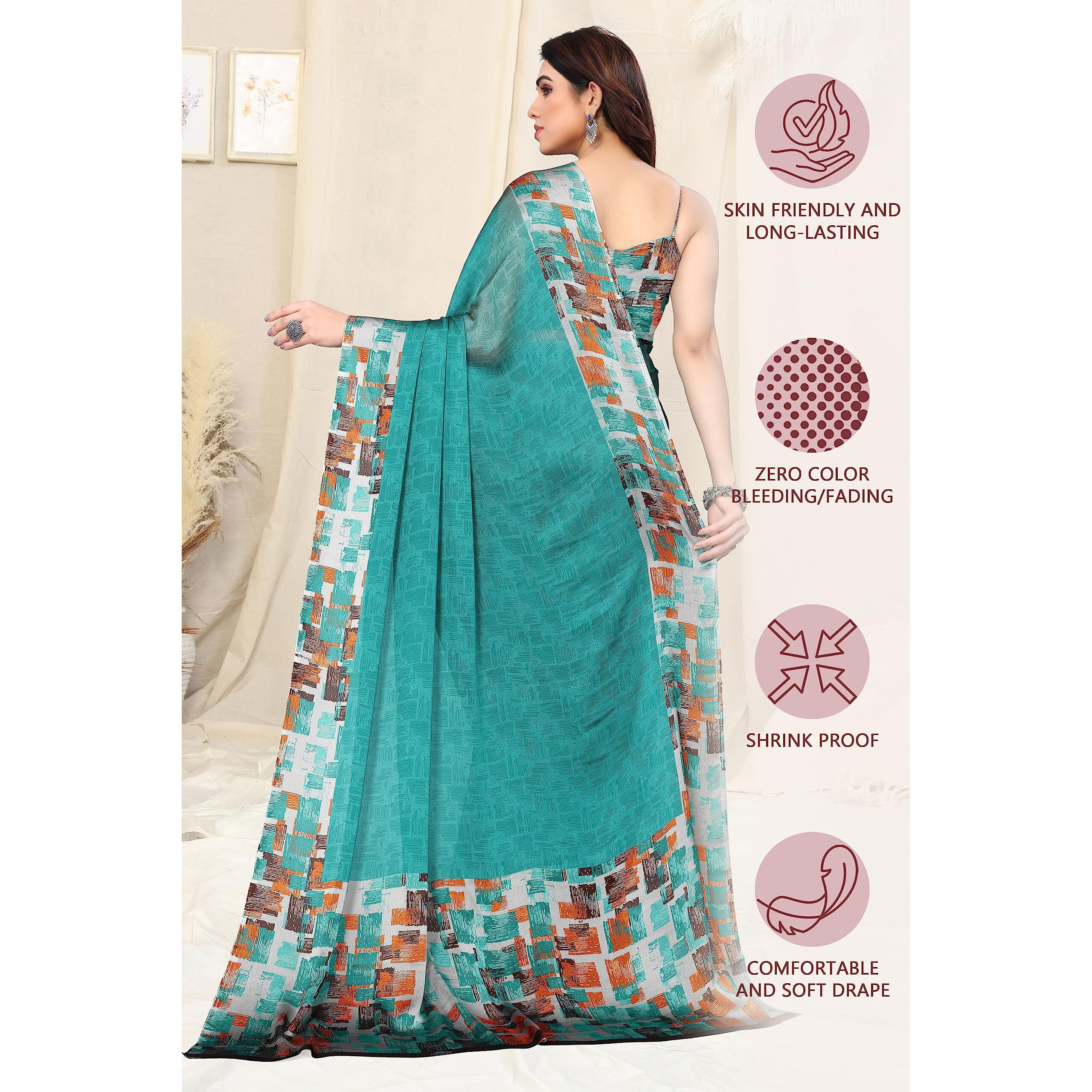 SOURBH Womens Plain Weave Chiffon Texture Border Printed Saree with Blouse Piece (29865-Teal, Grey)