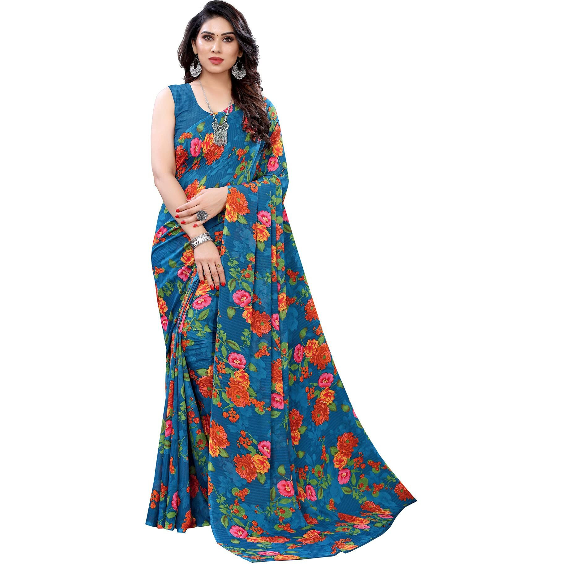 SIRIL Womens Floral Printed Georgette Saree with Blouse Combo Pack Of 2(1955S350_1955S345_Blue||Brown)