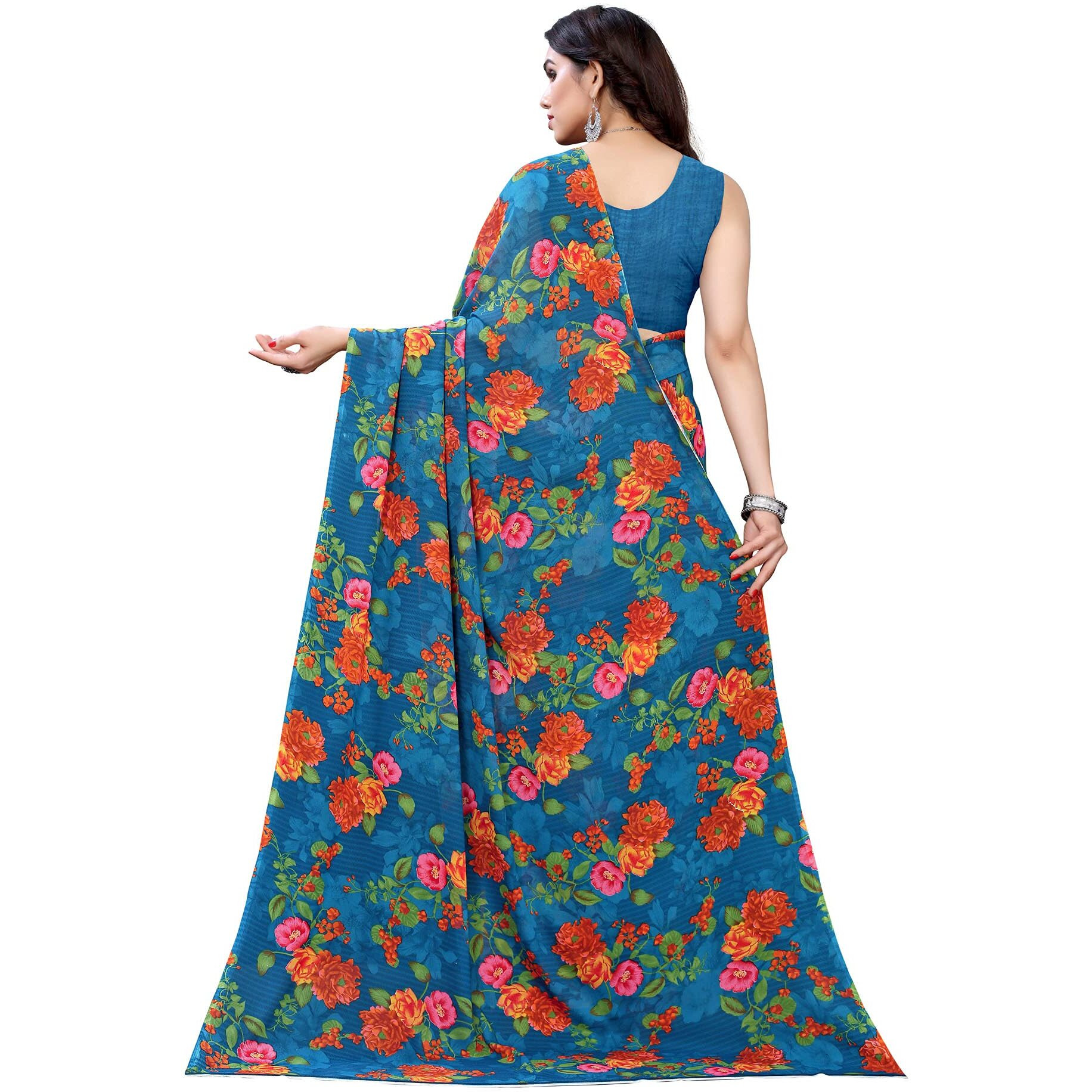 SIRIL Womens Floral Printed Georgette Saree with Blouse Combo Pack Of 2(1955S350_1955S345_Blue||Brown)