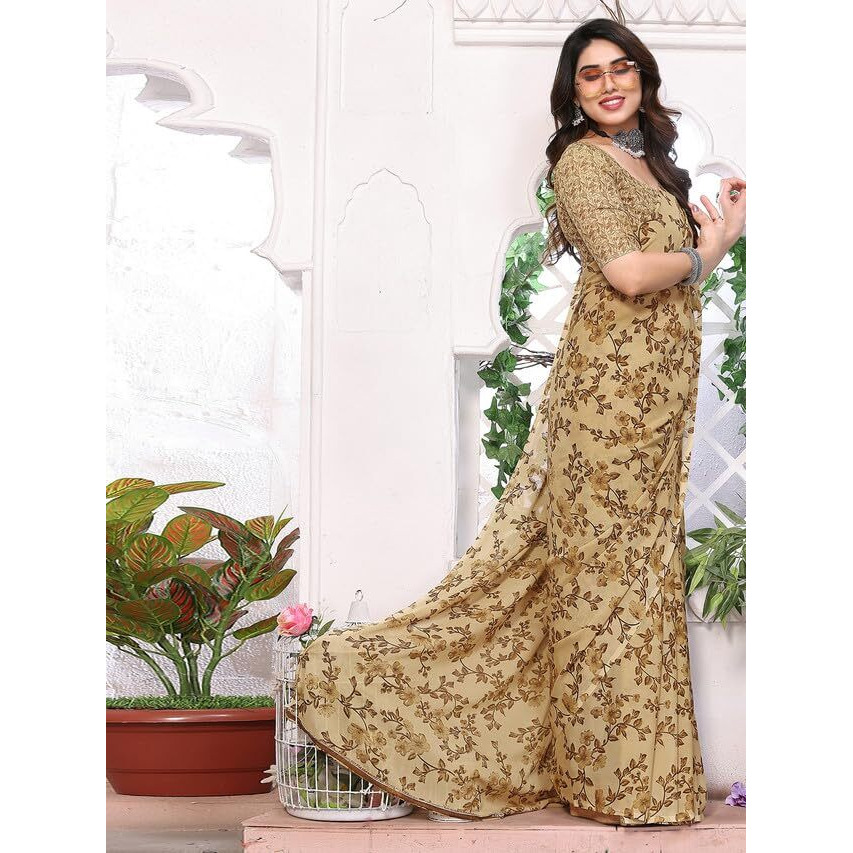 SAMAH Womens Georgette Floral Printed Saree with Unstitched Blouse Piece (3289S121N_Beige)