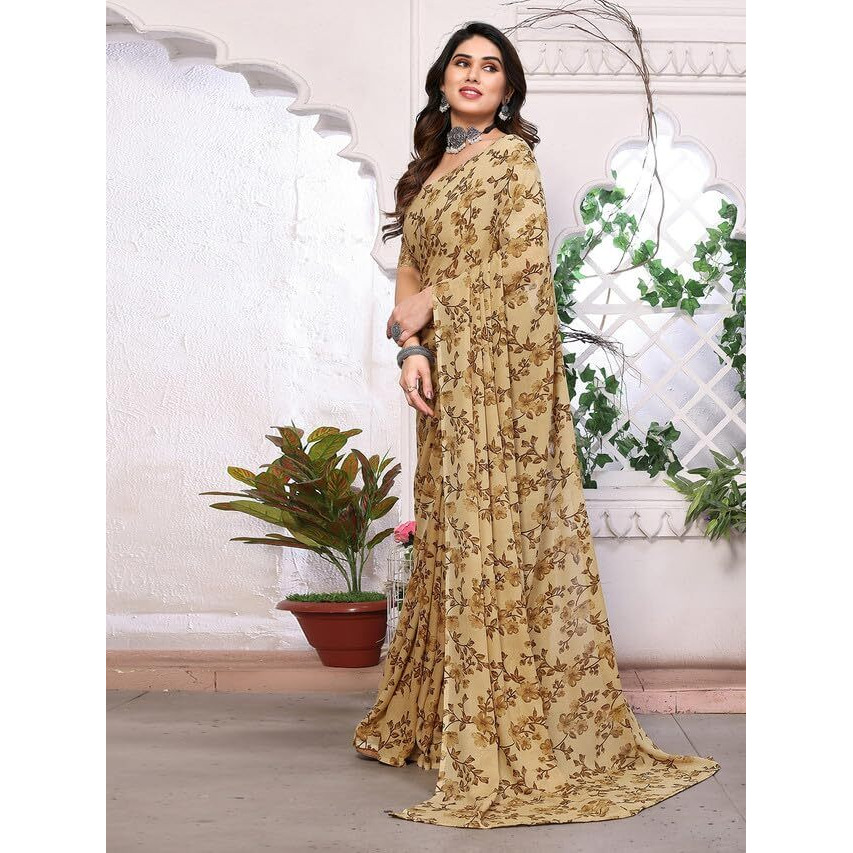 SAMAH Womens Georgette Floral Printed Saree with Unstitched Blouse Piece (3289S121N_Beige)