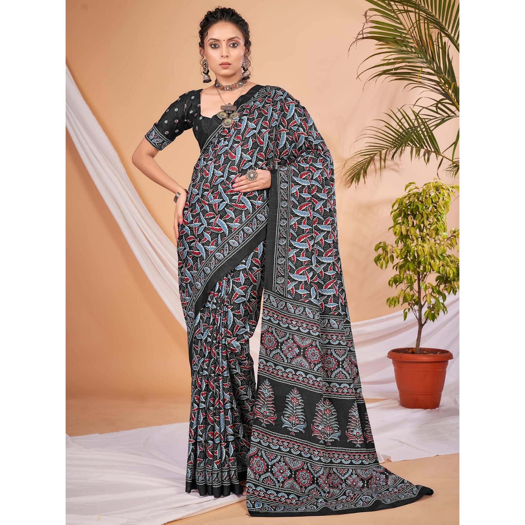 AKHILAM Womens Ajrak Block Print Dola Silk Saree With Unstitched Blouse Piece (Black_KUMRN205_HS)