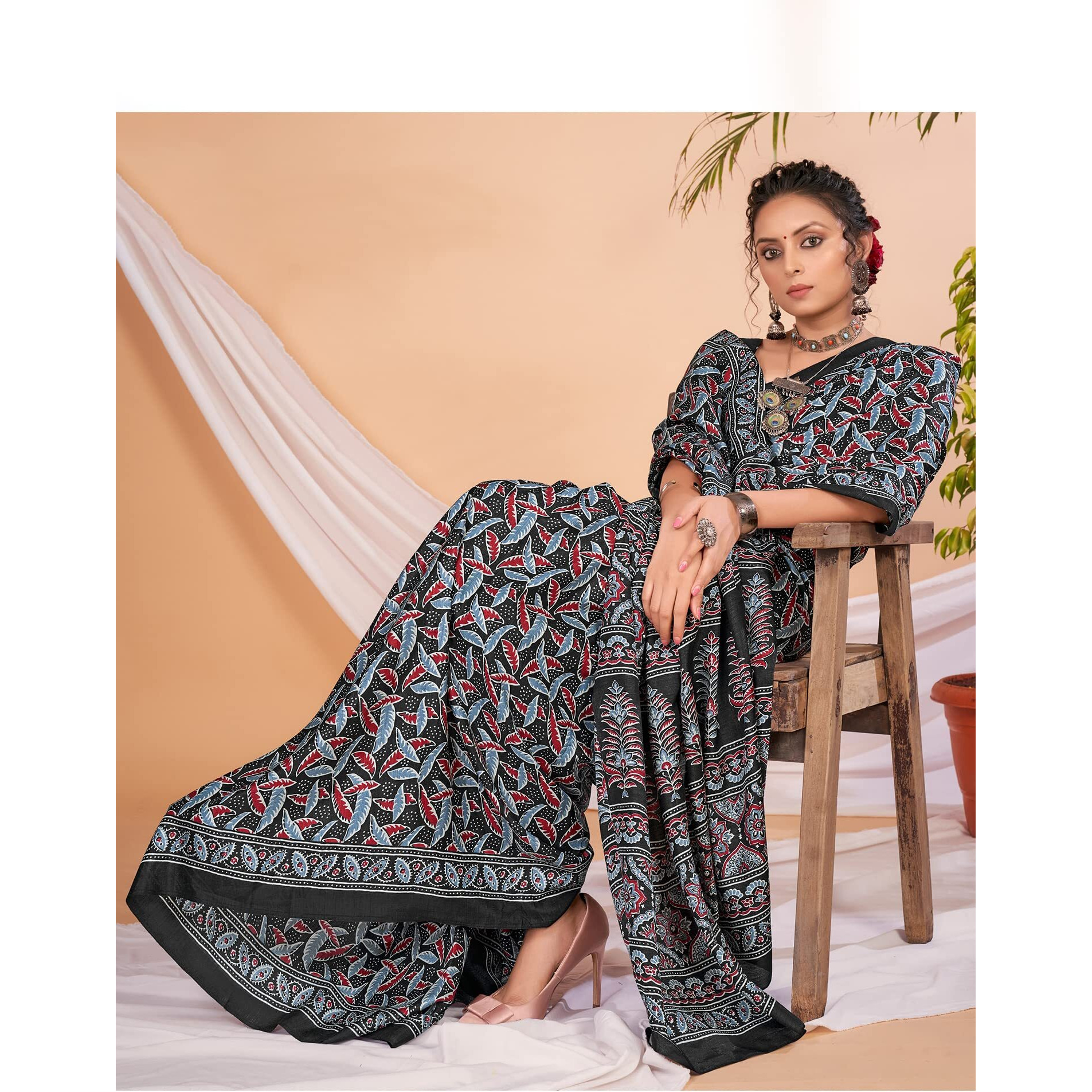 AKHILAM Womens Ajrak Block Print Dola Silk Saree With Unstitched Blouse Piece (Black_KUMRN205_HS)