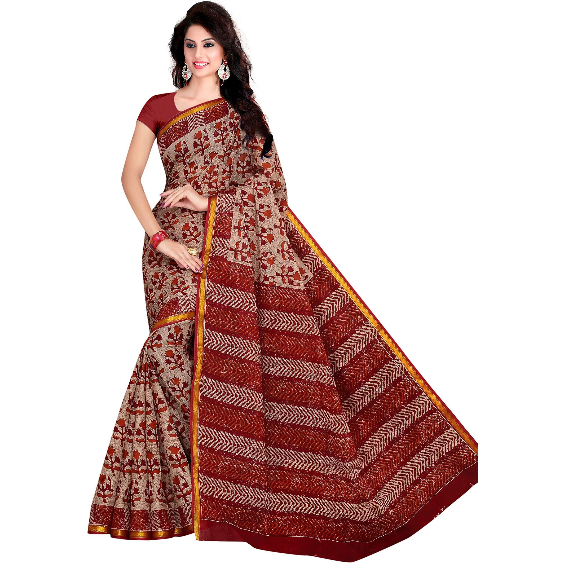 TAMAIRA FASHION Womens Pure Cotton zari border Saree Without Blouse Piece (8012_ZARI_Maroon and Beige without B.P)