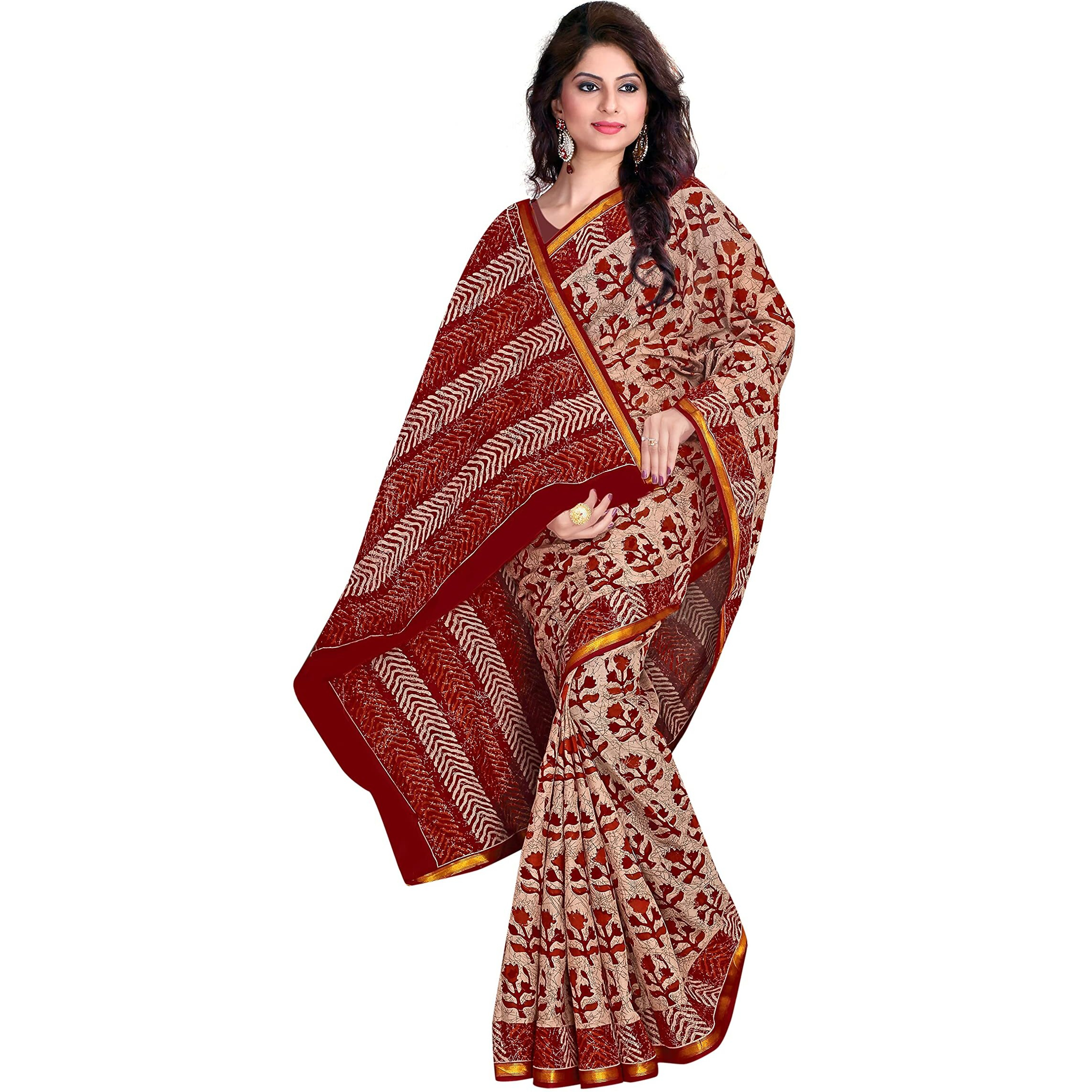 TAMAIRA FASHION Womens Pure Cotton zari border Saree Without Blouse Piece (8012_ZARI_Maroon and Beige without B.P)