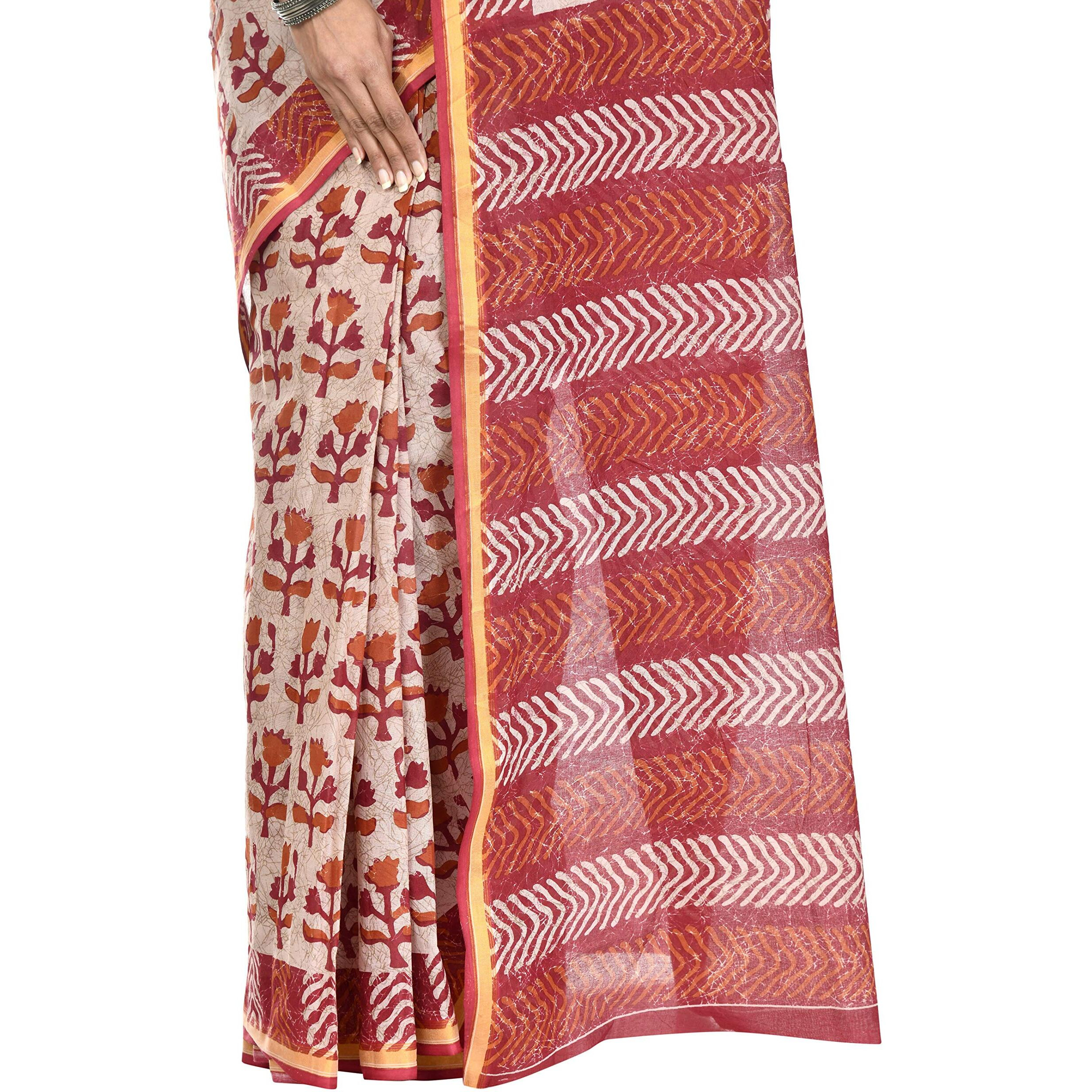 TAMAIRA FASHION Womens Pure Cotton zari border Saree Without Blouse Piece (8012_ZARI_Maroon and Beige without B.P)