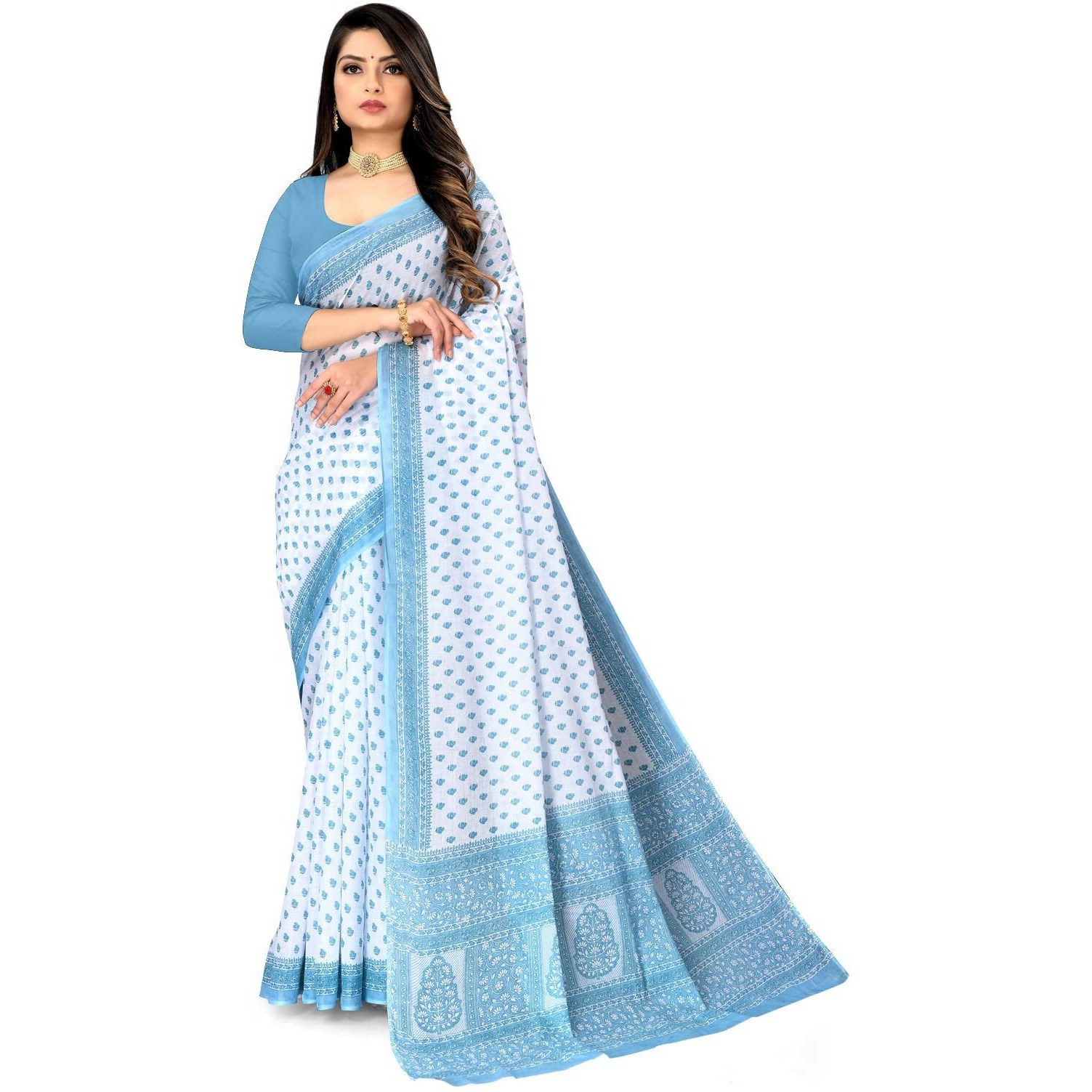 Ratan Womens Plain Cotton Saree Without Blouse Piece (Amri-102-Blue_White Blue)