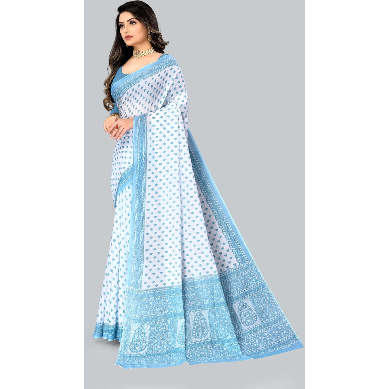 Ratan Womens Plain Cotton Saree Without Blouse Piece (Amri-102-Blue_White Blue)