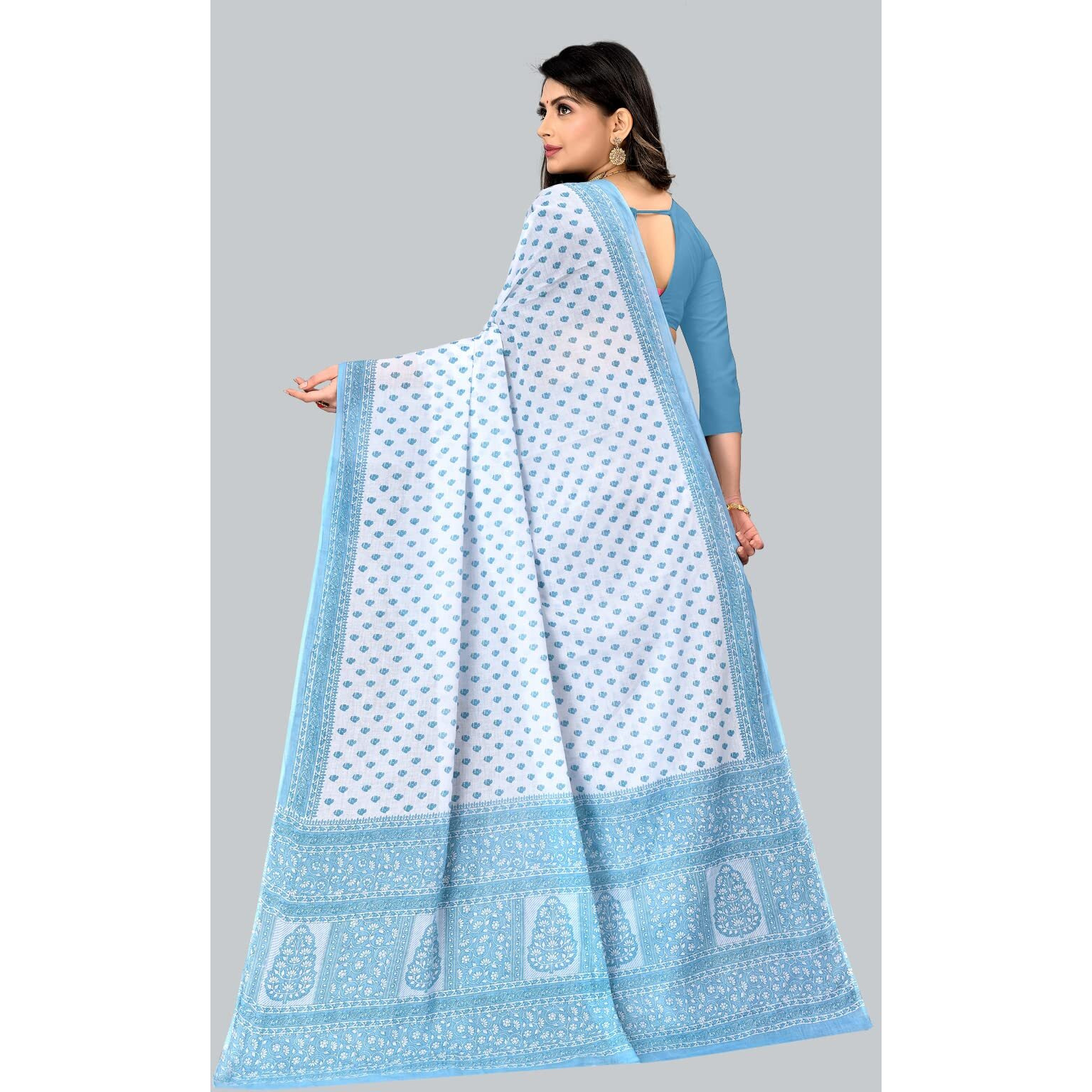 Ratan Womens Plain Cotton Saree Without Blouse Piece (Amri-102-Blue_White Blue)