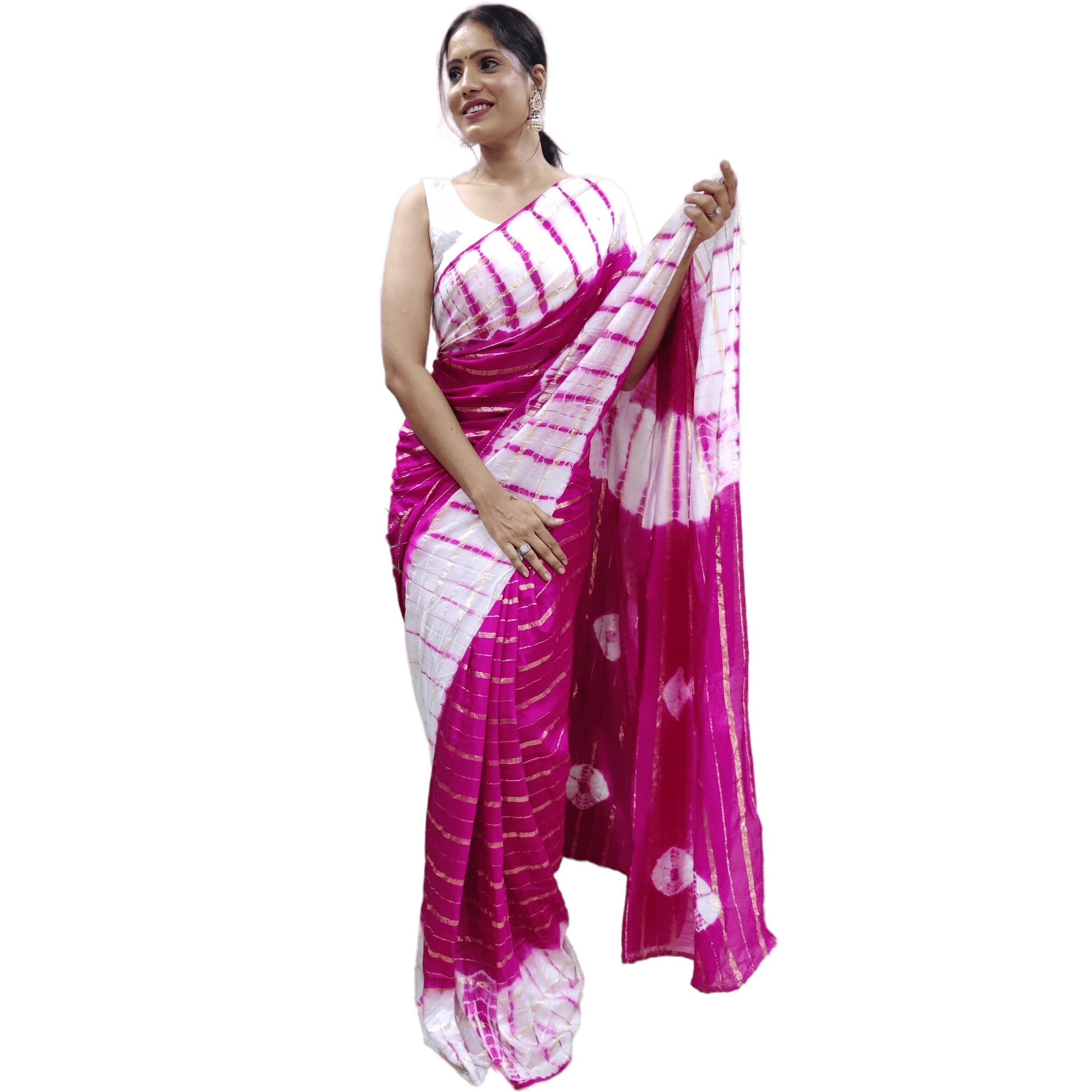 Sidhidata Womens Nylone Hand Printed Saree With Unstitched Blouse Piece (Tie & Die) (Pink)