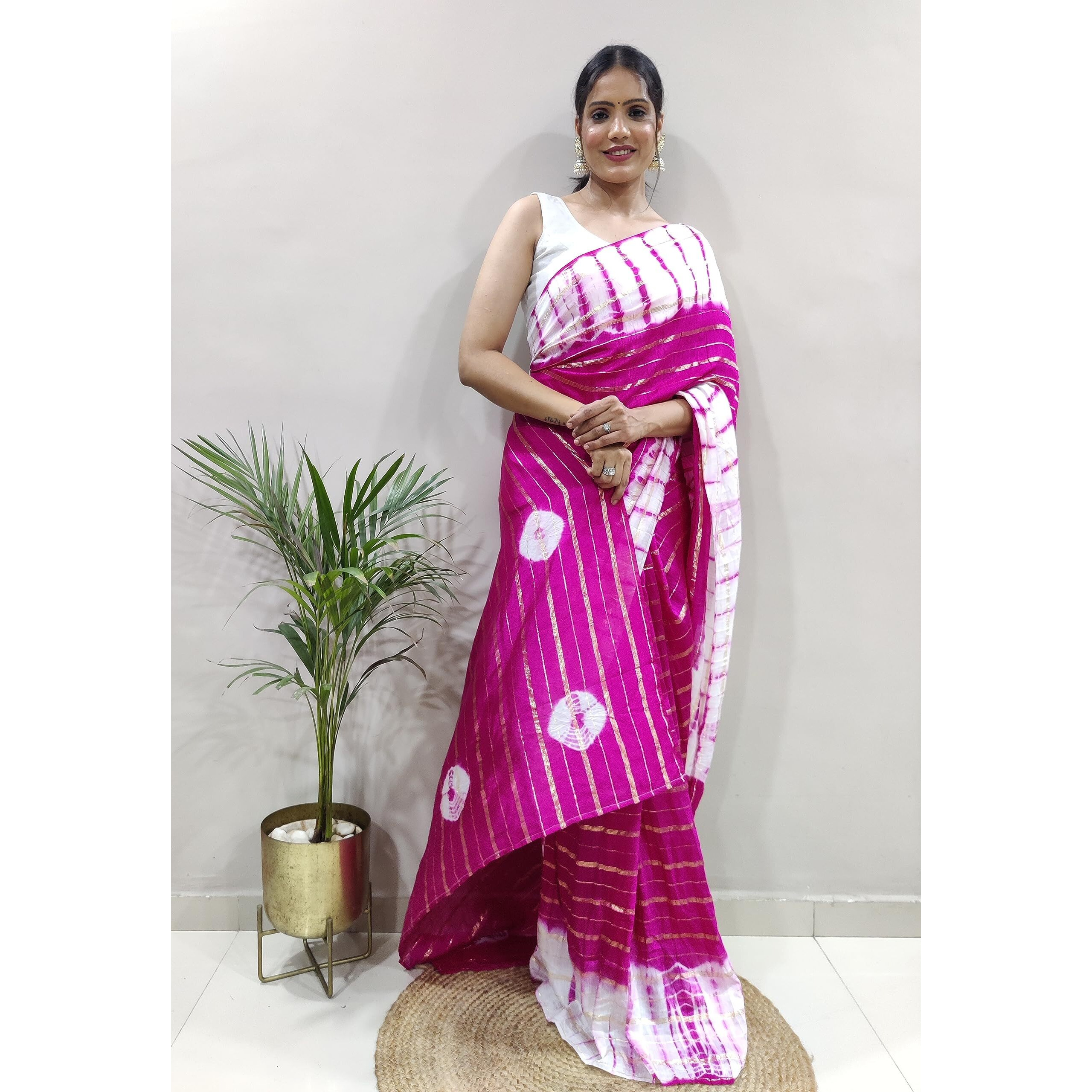 Sidhidata Womens Nylone Hand Printed Saree With Unstitched Blouse Piece (Tie & Die) (Pink)