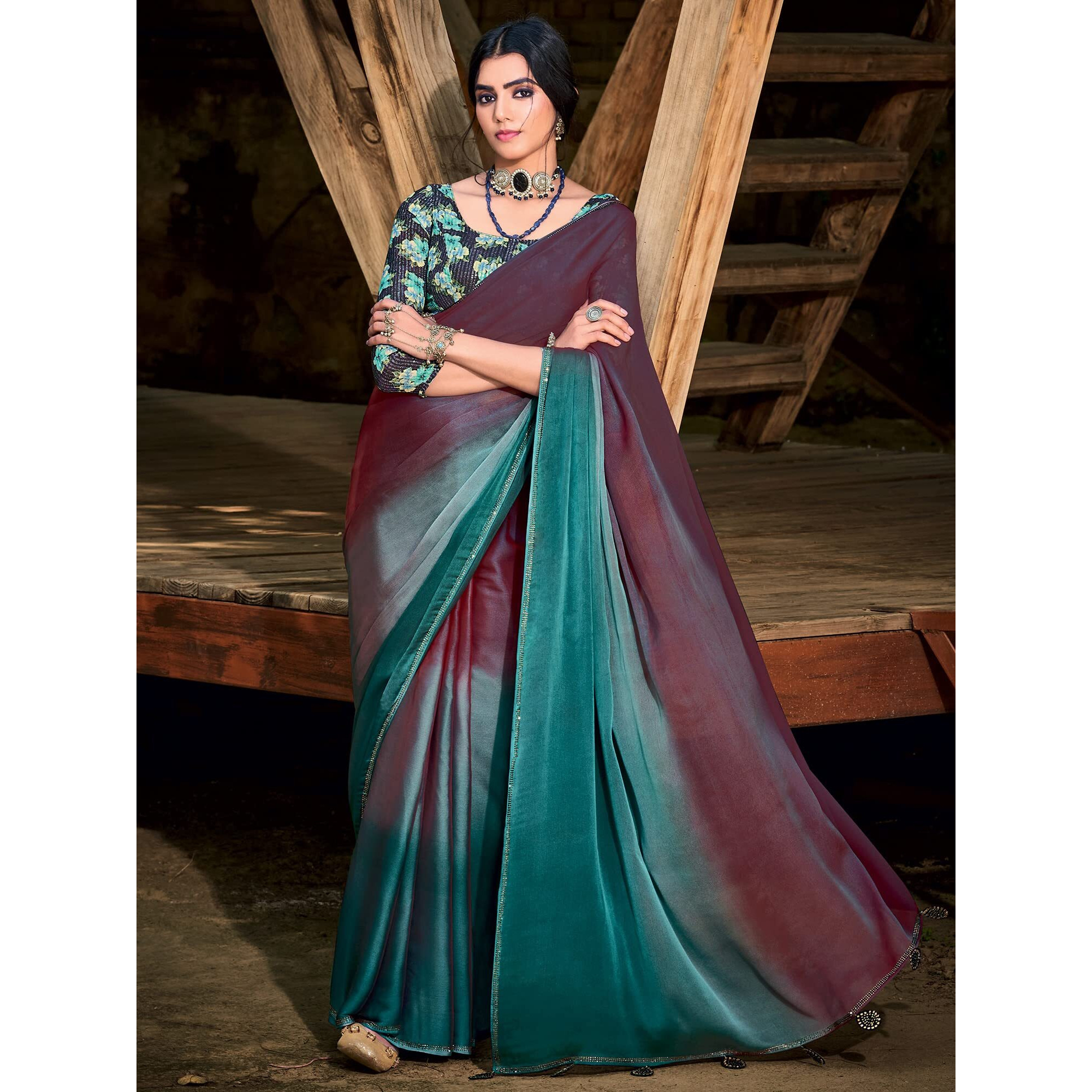 AKHILAM Womens Solid Chiffon Embellished Saree With Unstitched Blouse Piece (Burgundy_ARUNA18)