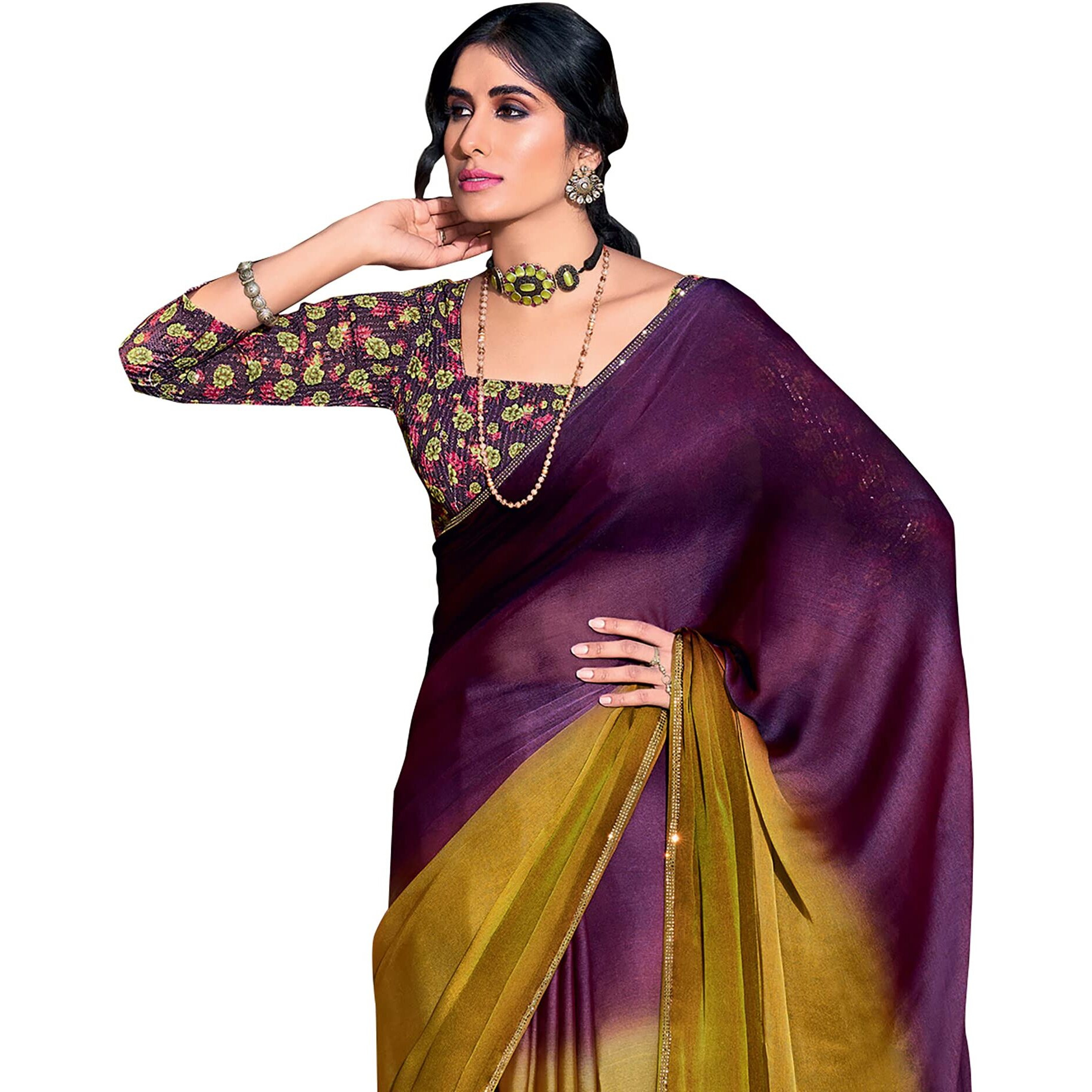 AKHILAM Womens Solid Chiffon Embellished Saree With Unstitched Blouse Piece (Purple_ARUNA12)