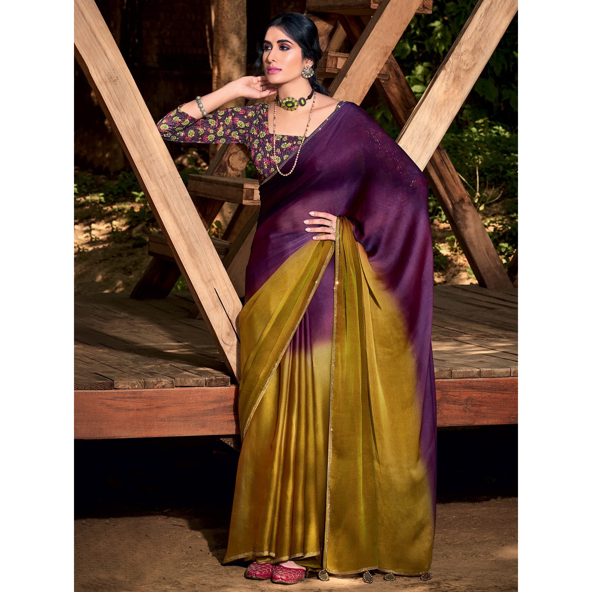 AKHILAM Womens Solid Chiffon Embellished Saree With Unstitched Blouse Piece (Purple_ARUNA12)