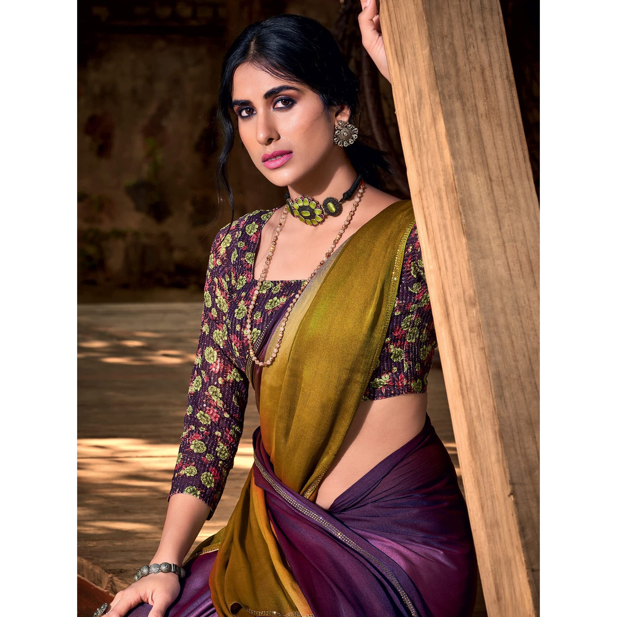 AKHILAM Womens Solid Chiffon Embellished Saree With Unstitched Blouse Piece (Purple_ARUNA12)