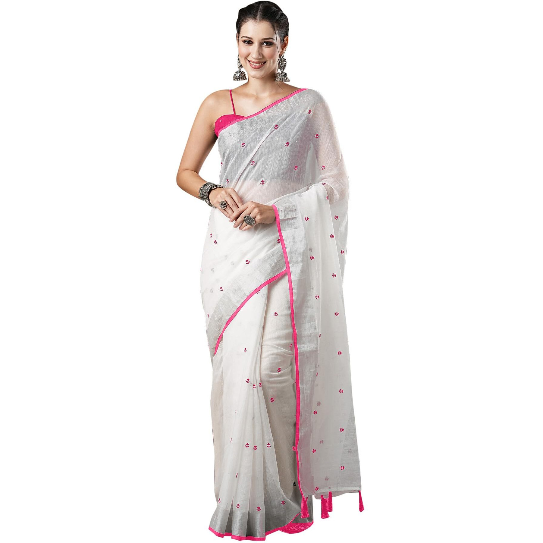 AKHILAM Womens Cotton Silk Floral Saree With Unstitched Blouse Piece(White_10KAVI1002)