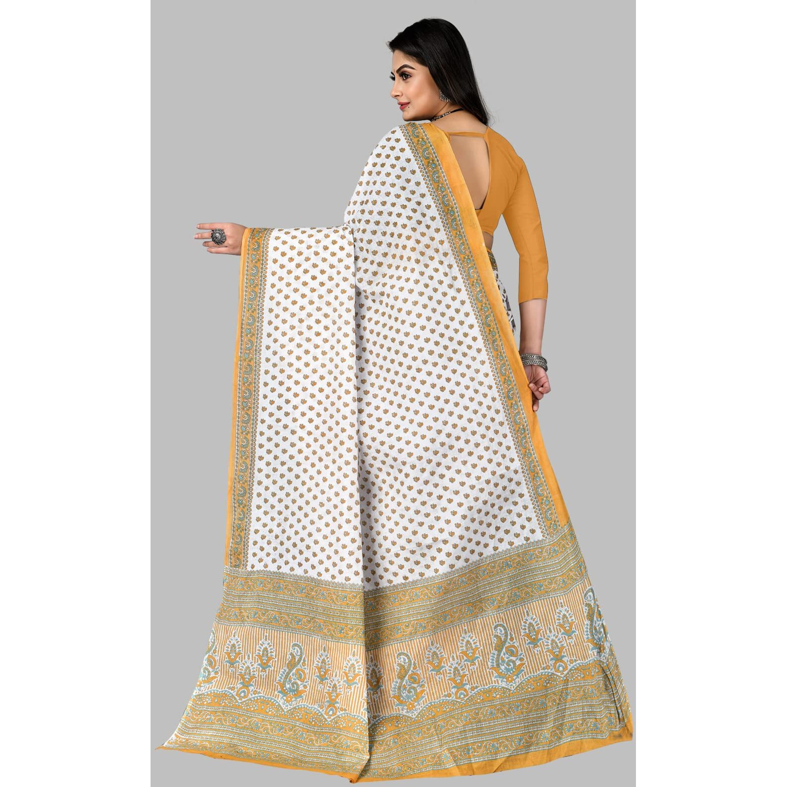 RATAN Pure Cotton Printed Mulmul Saree for Women without Blouse Piece (White-Yellow)